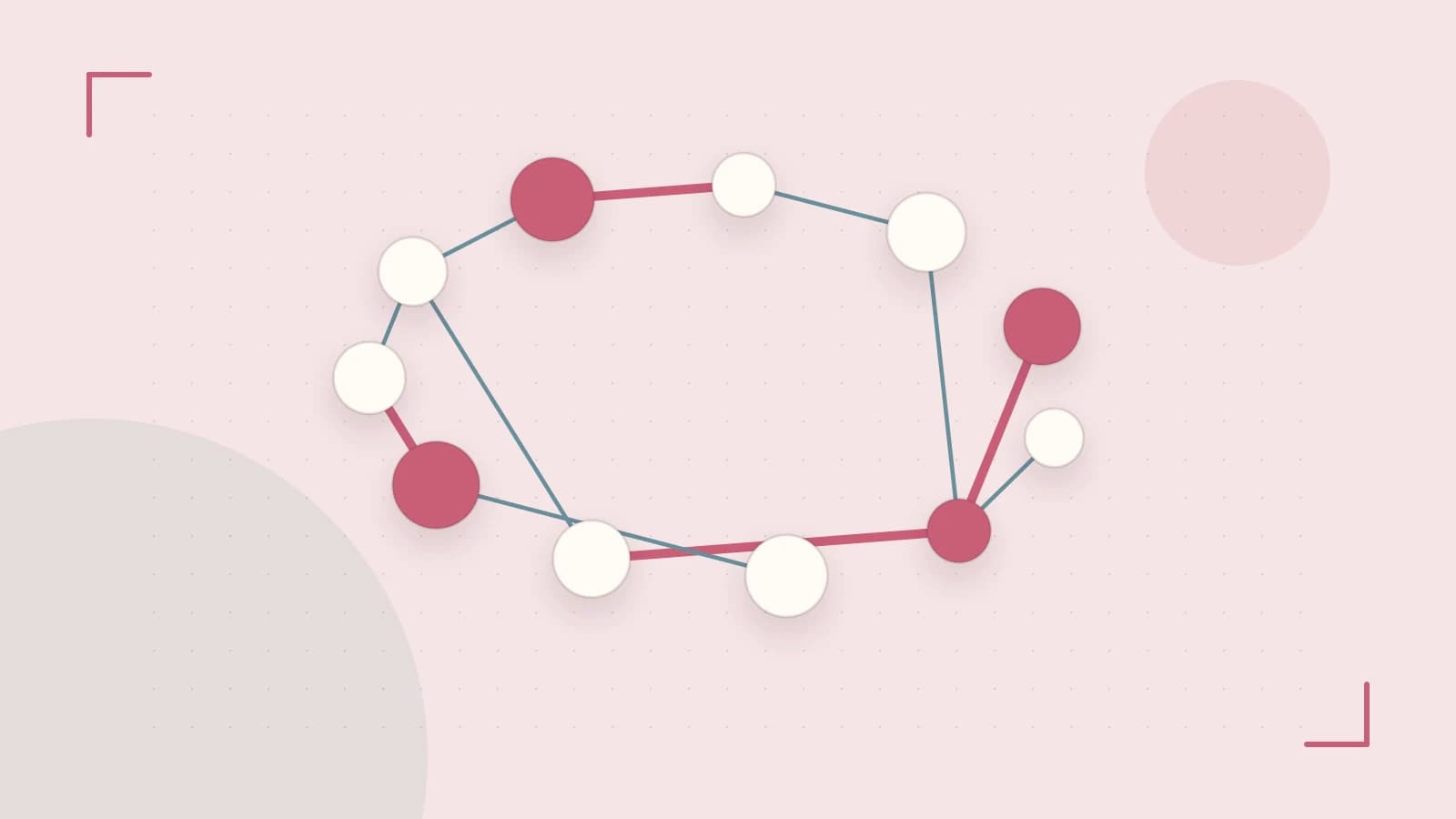 Editorial illustration of an algorithmic node graph with branching paths and a highlighted result