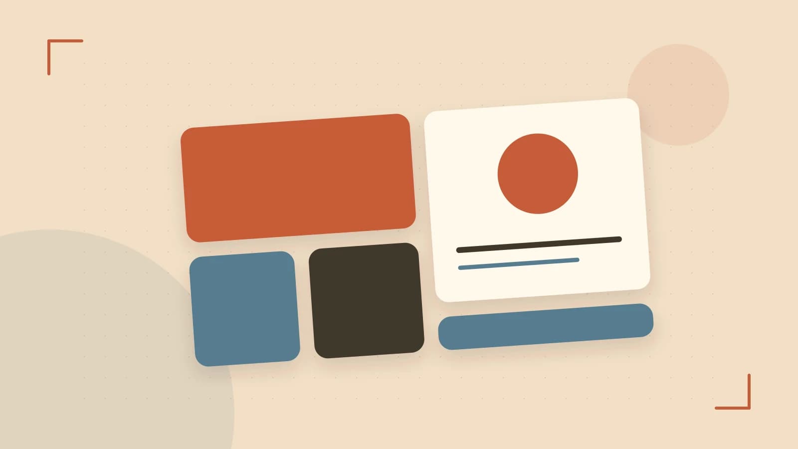 Editorial illustration of responsive browser layouts, overlapping design components and a color system