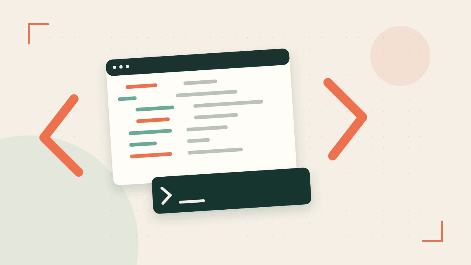 Editorial illustration of an abstract code editor, syntax blocks and oversized programming brackets