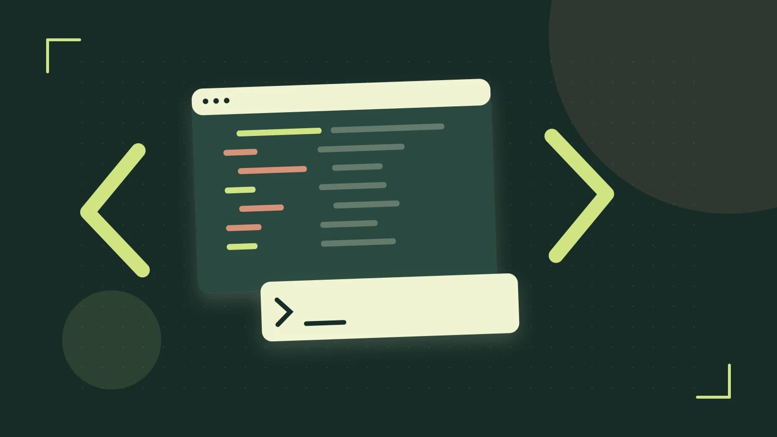 Editorial illustration of an abstract code editor, syntax blocks and oversized programming brackets