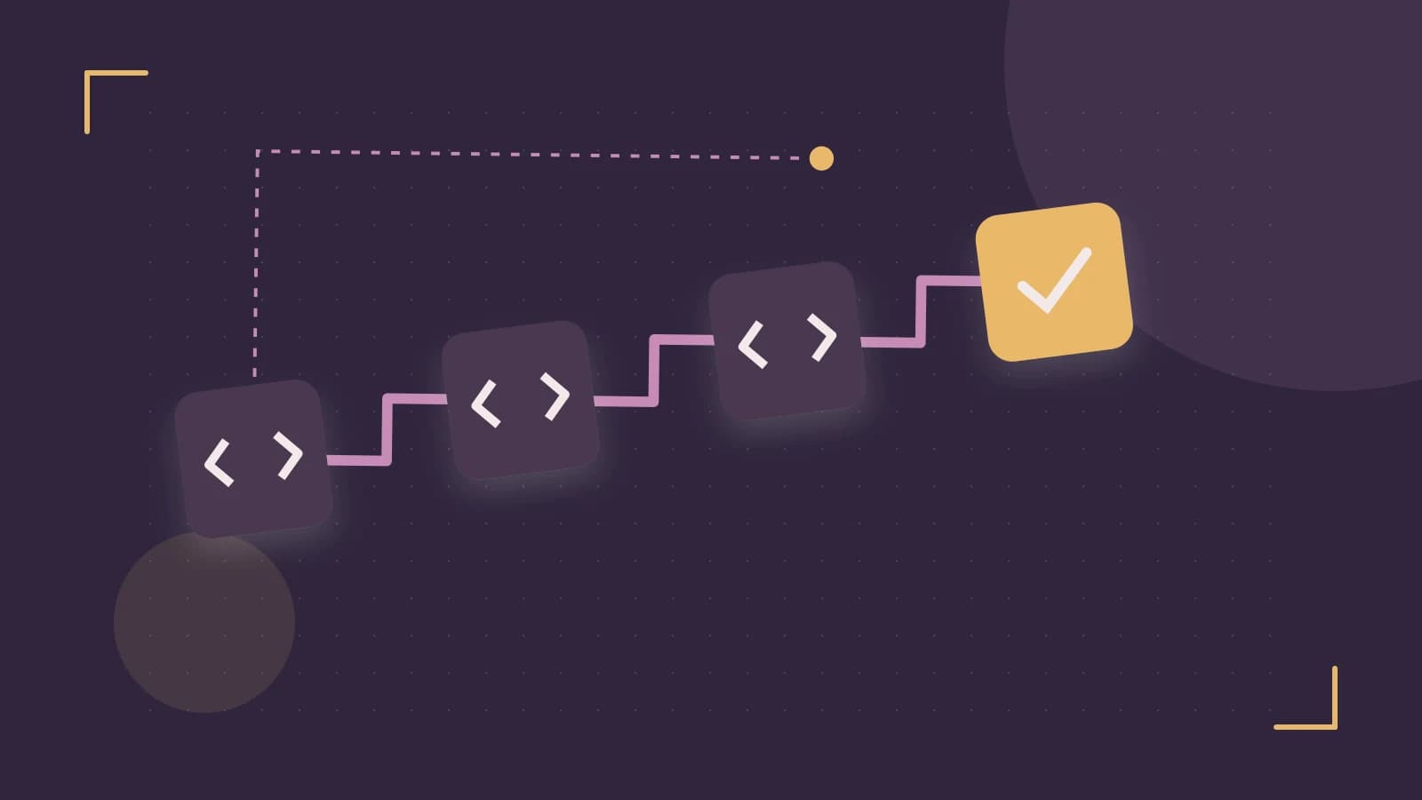 Editorial illustration of a branching build pipeline, staged transformations and a completed check
