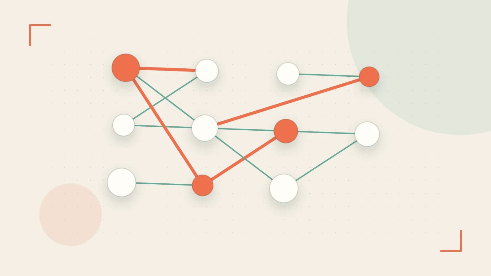 Editorial illustration of an algorithmic node graph with branching paths and a highlighted result