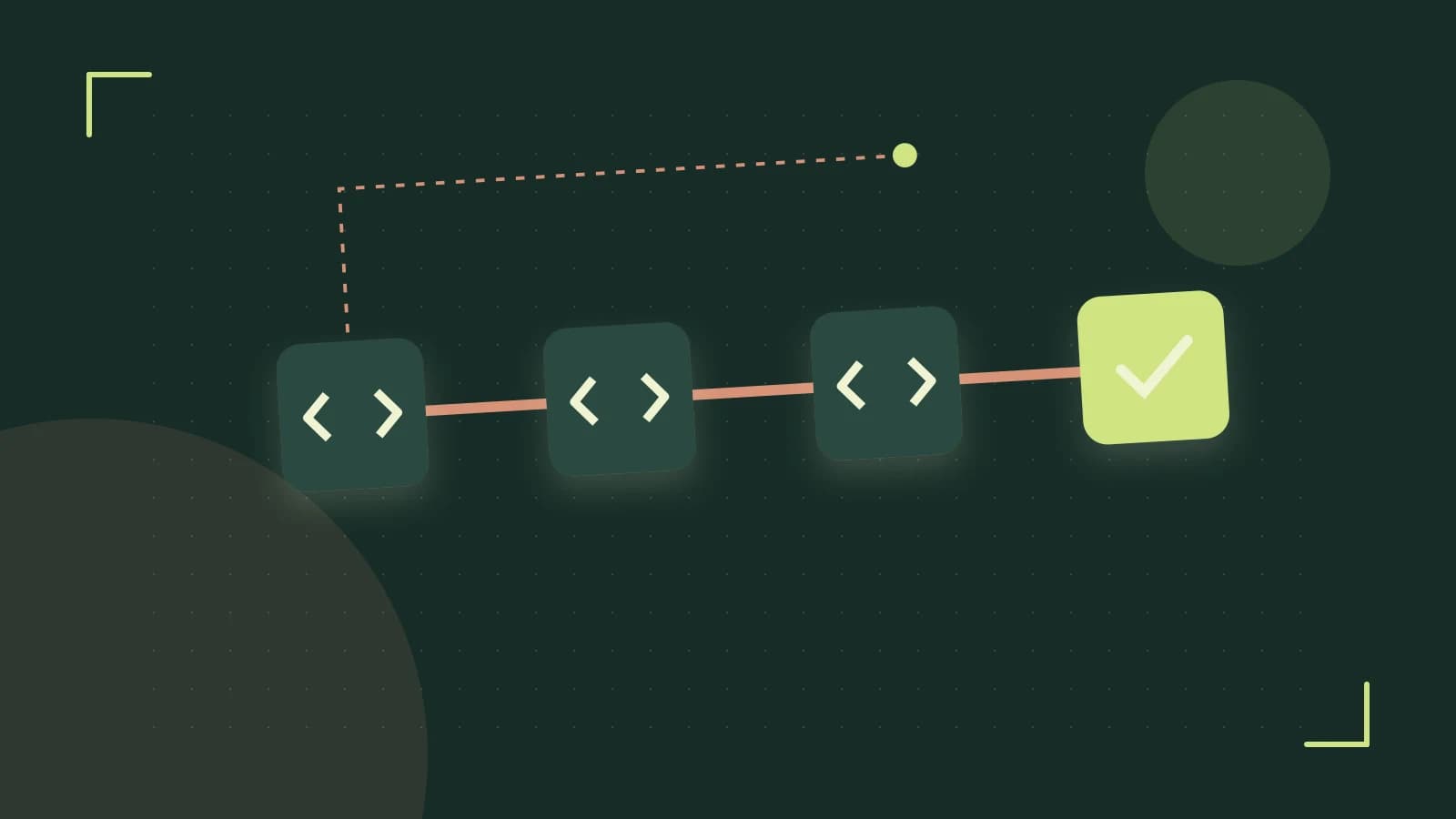 Editorial illustration of a branching build pipeline, staged transformations and a completed check