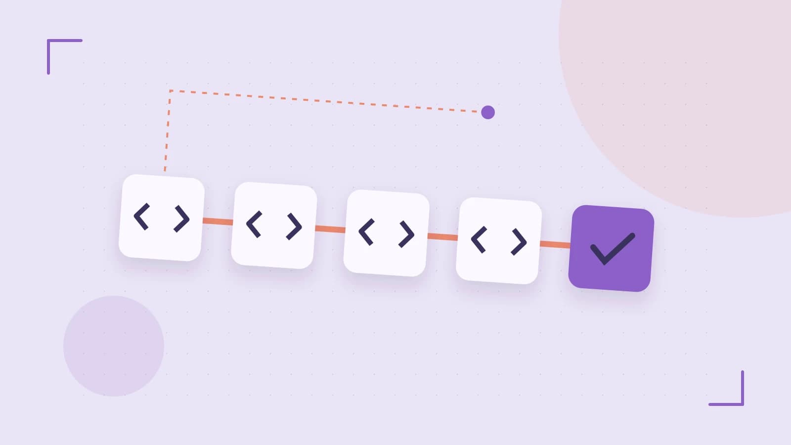 Editorial illustration of a branching build pipeline, staged transformations and a completed check