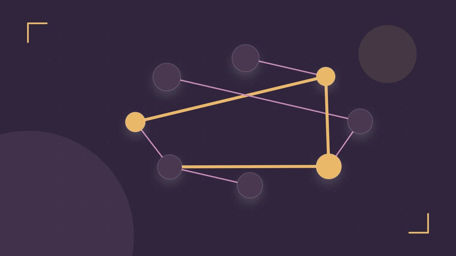 Editorial illustration of an algorithmic node graph with branching paths and a highlighted result