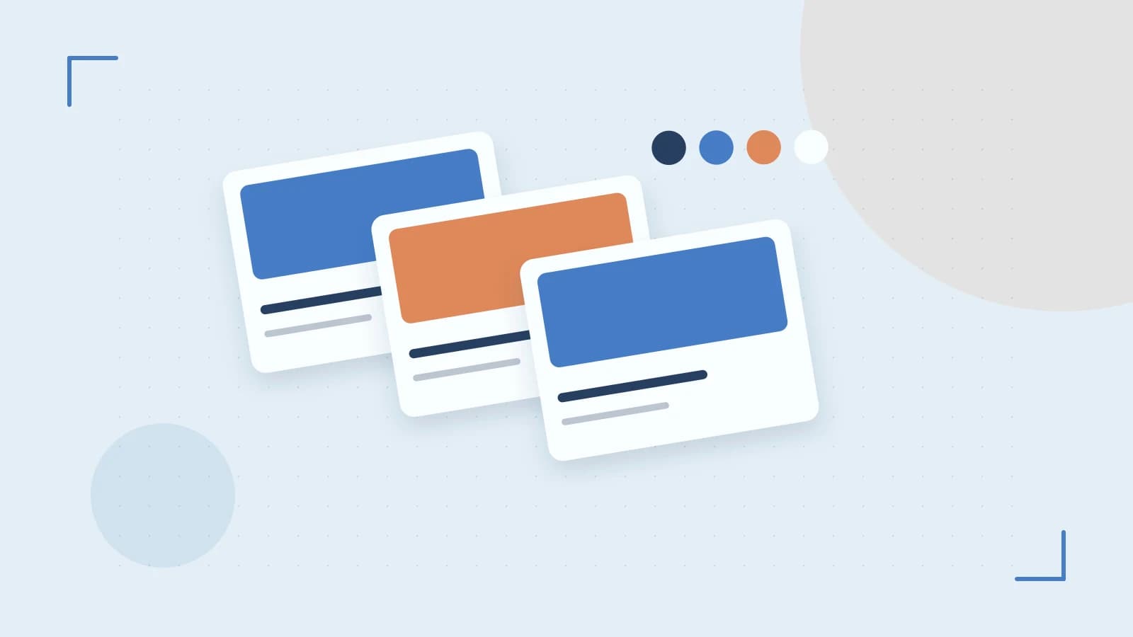 Editorial illustration of responsive browser layouts, overlapping design components and a color system