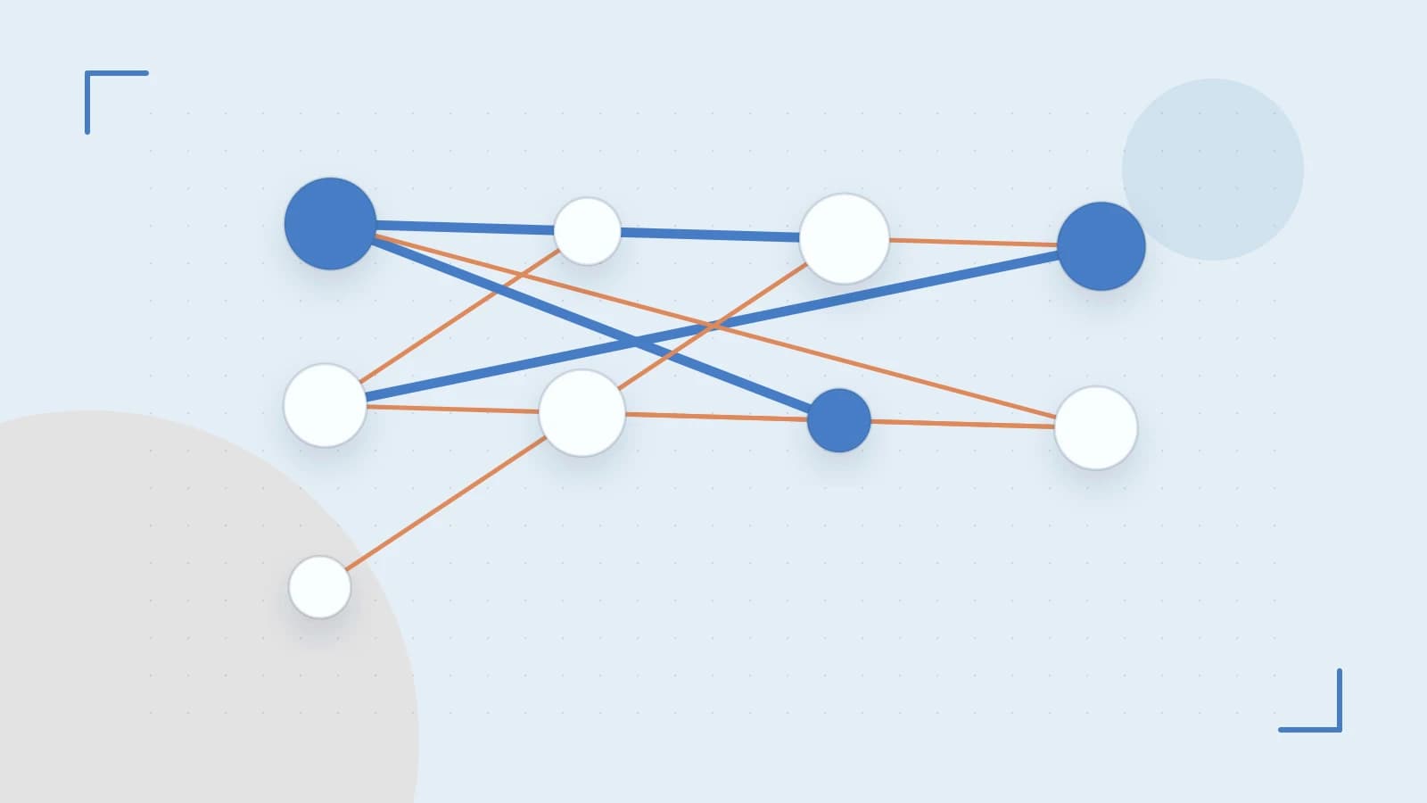 Editorial illustration of an algorithmic node graph with branching paths and a highlighted result