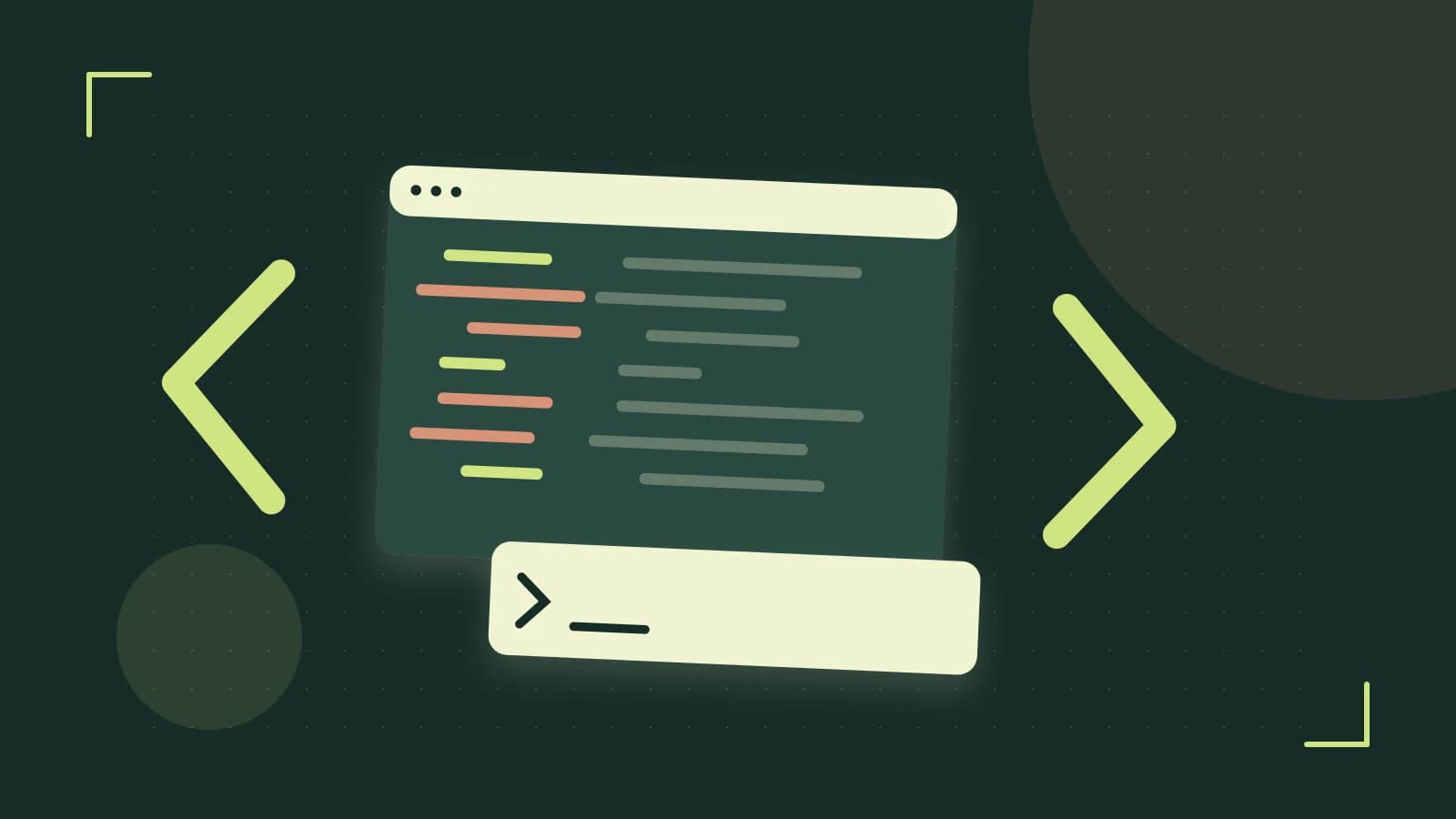 Editorial illustration of an abstract code editor, syntax blocks and oversized programming brackets