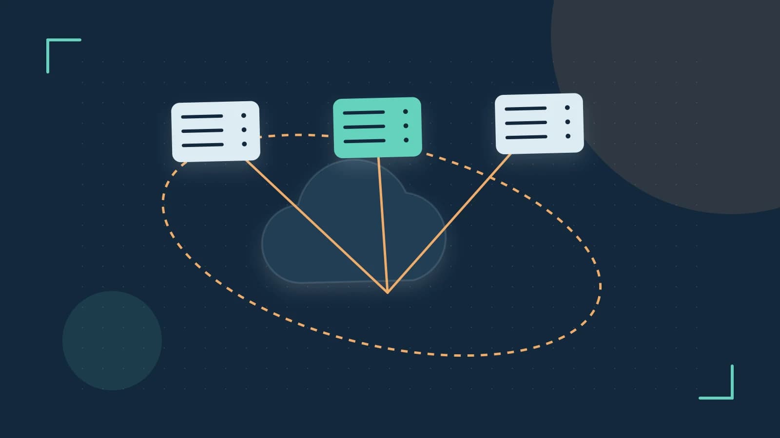 Editorial illustration of cloud infrastructure, connected server racks and an orbital service map