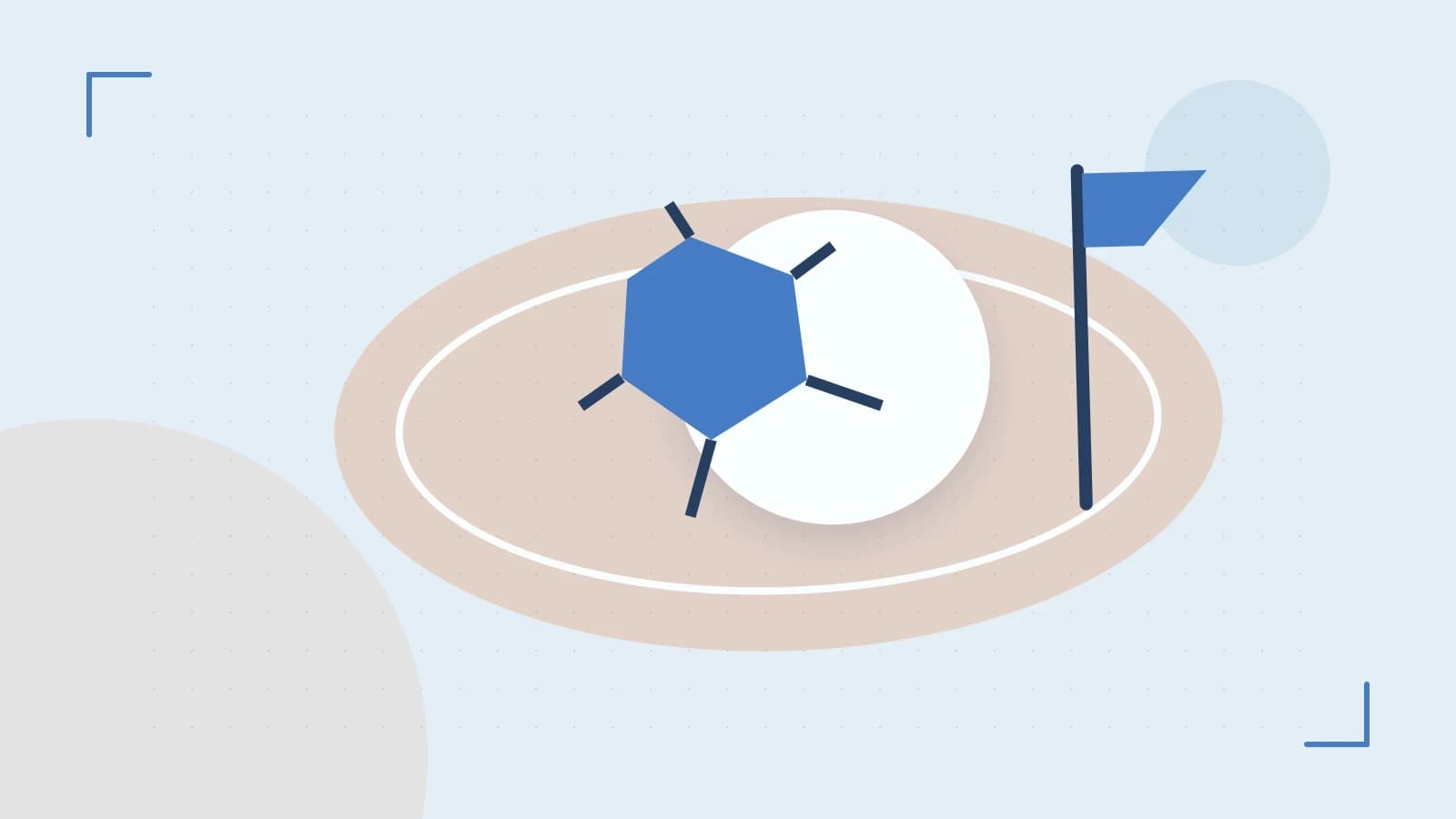 Editorial illustration of a stylized sports ball, stadium geometry and dynamic arcs