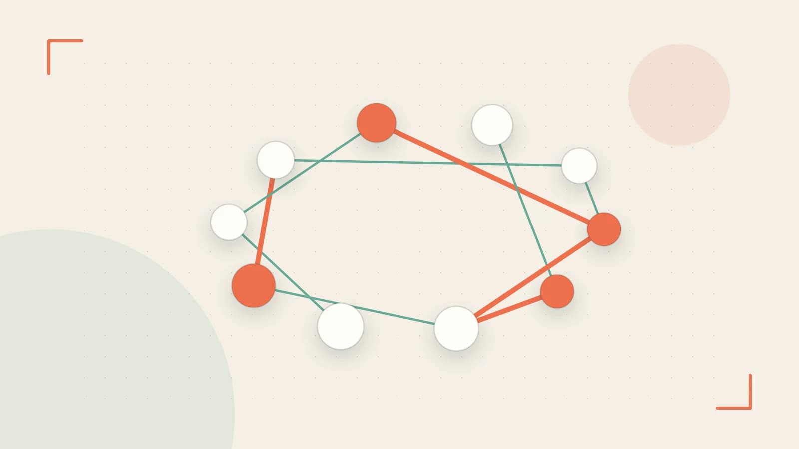 Editorial illustration of an algorithmic node graph with branching paths and a highlighted result