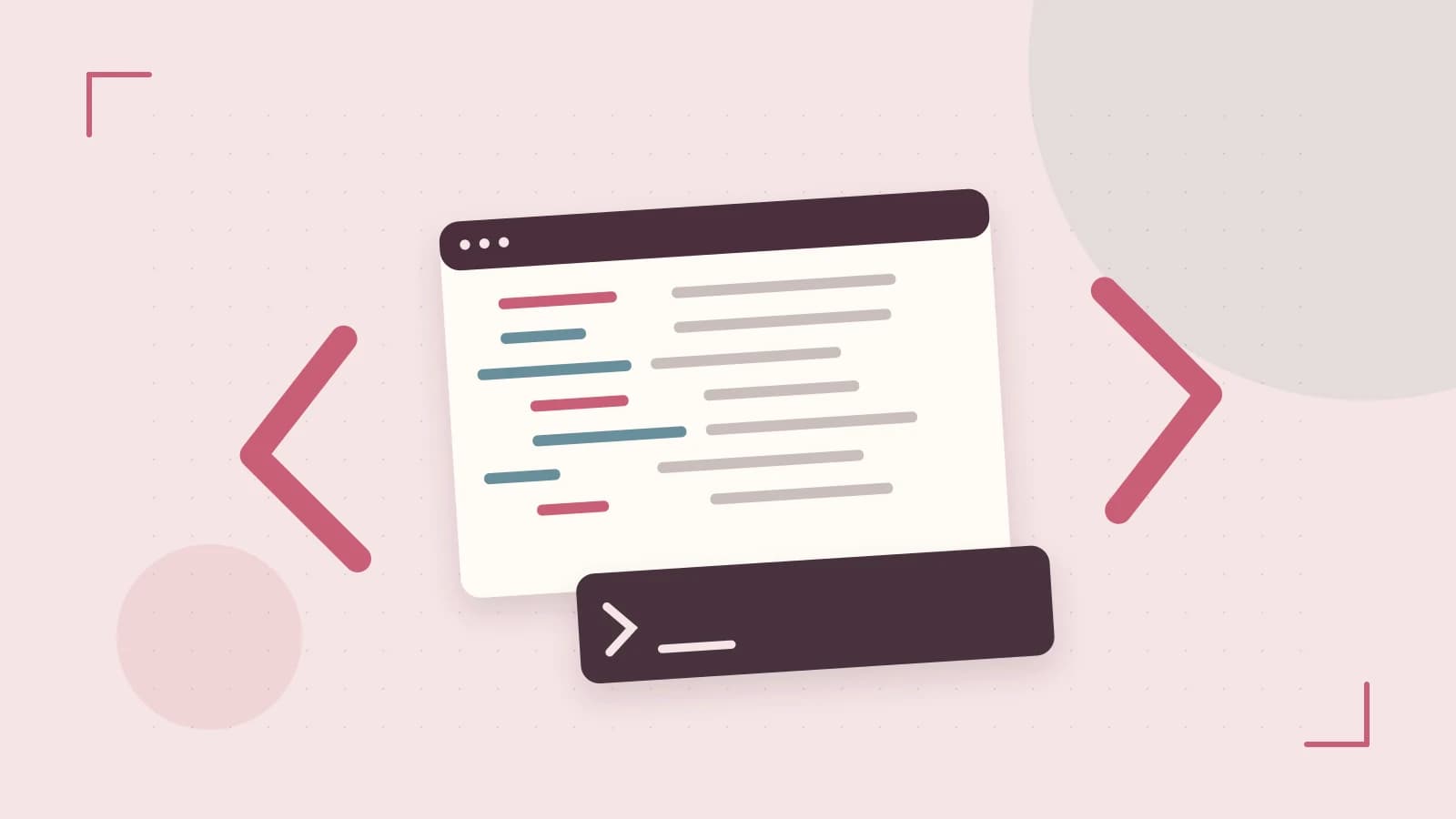 Editorial illustration of an abstract code editor, syntax blocks and oversized programming brackets