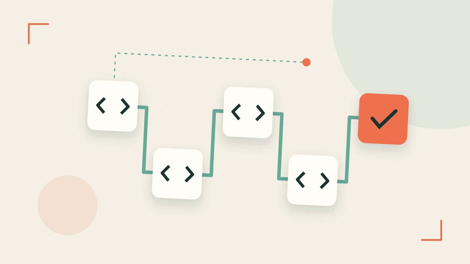 Editorial illustration of a branching build pipeline, staged transformations and a completed check