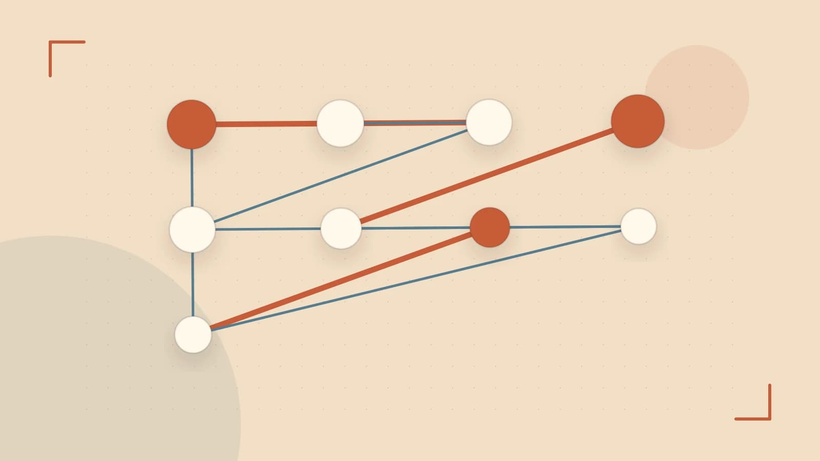 Editorial illustration of an algorithmic node graph with branching paths and a highlighted result