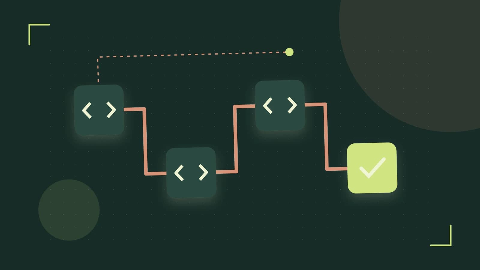 Editorial illustration of a branching build pipeline, staged transformations and a completed check