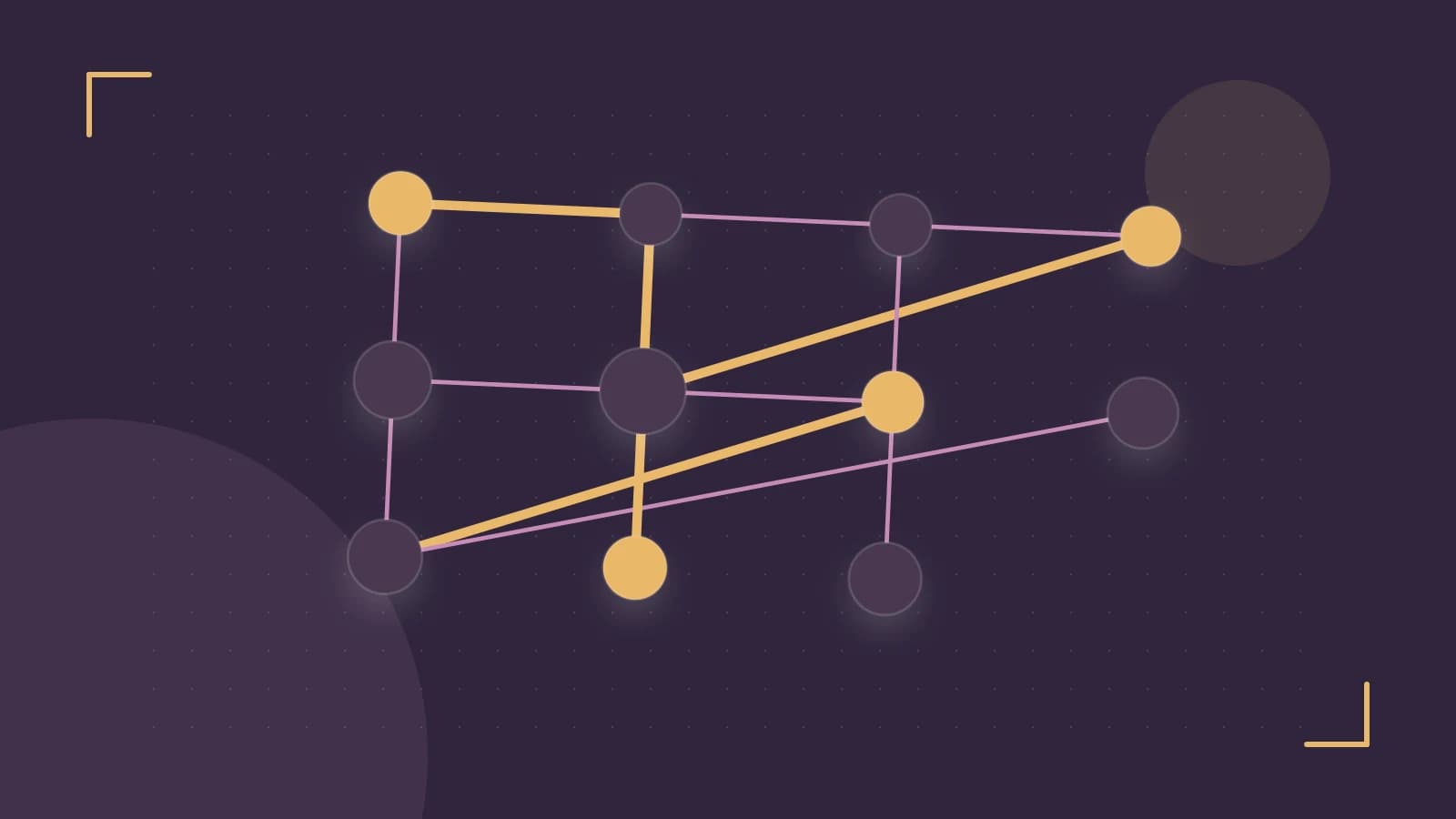 Editorial illustration of an algorithmic node graph with branching paths and a highlighted result