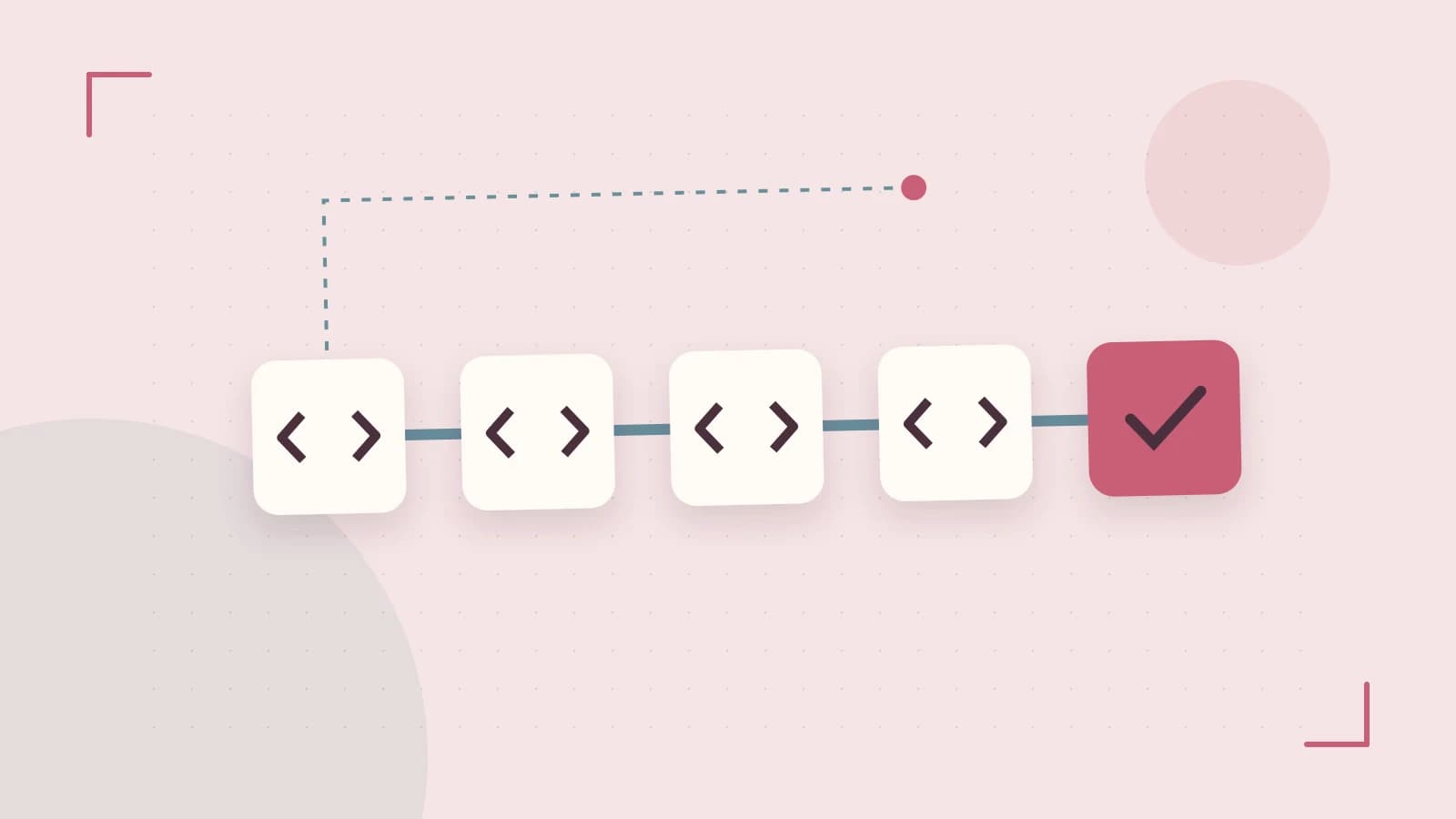 Editorial illustration of a branching build pipeline, staged transformations and a completed check