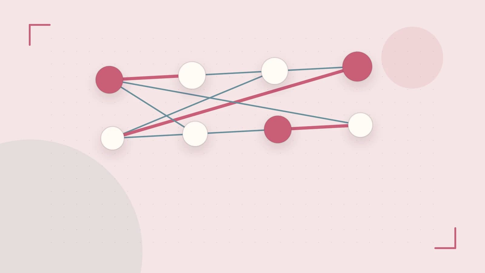 Editorial illustration of an algorithmic node graph with branching paths and a highlighted result