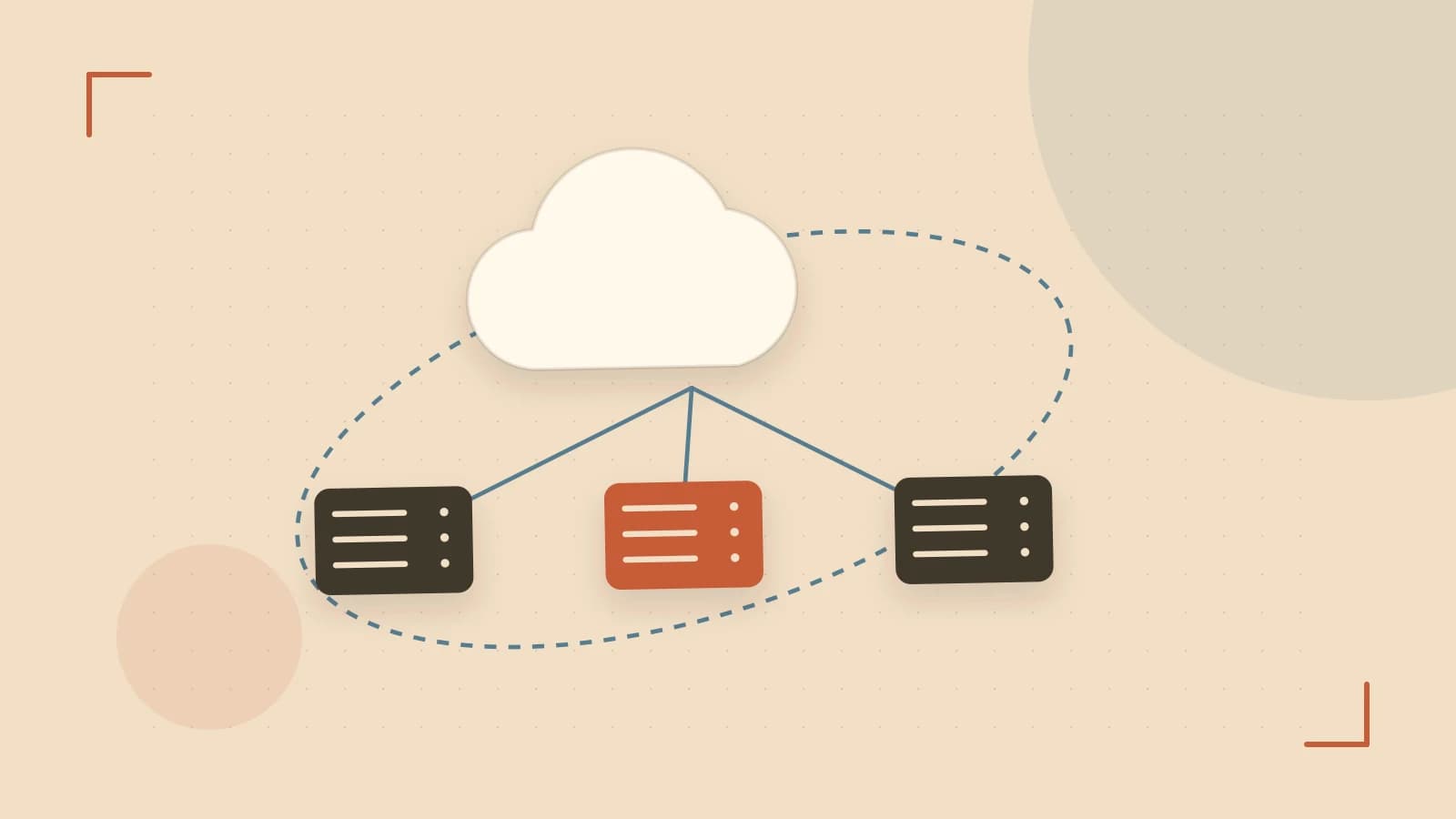 Editorial illustration of cloud infrastructure, connected server racks and an orbital service map