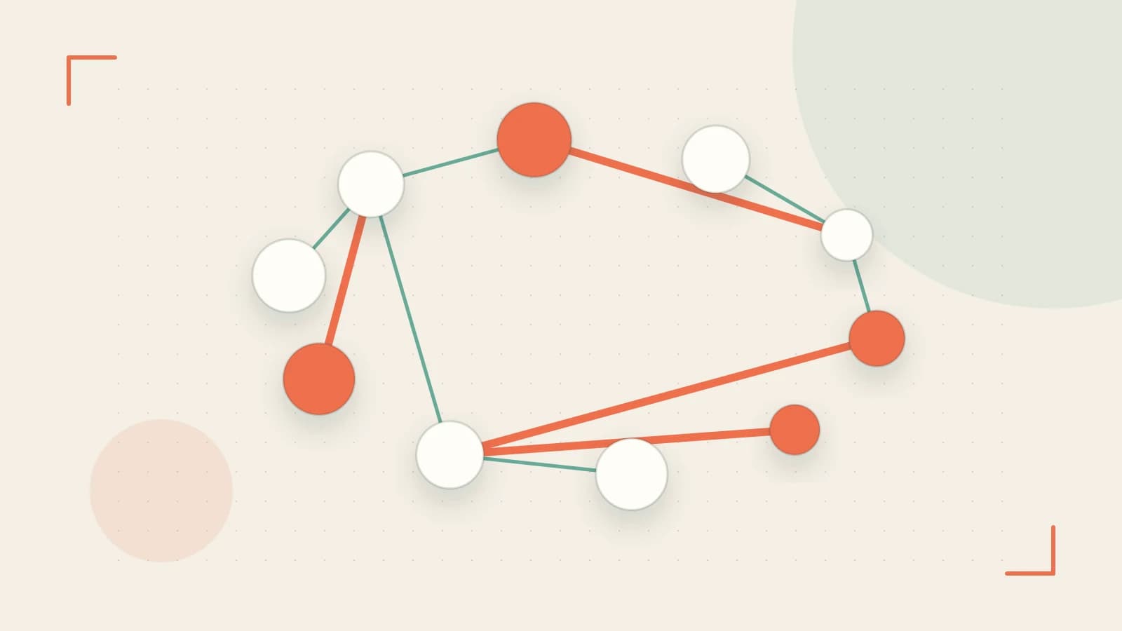 Editorial illustration of an algorithmic node graph with branching paths and a highlighted result