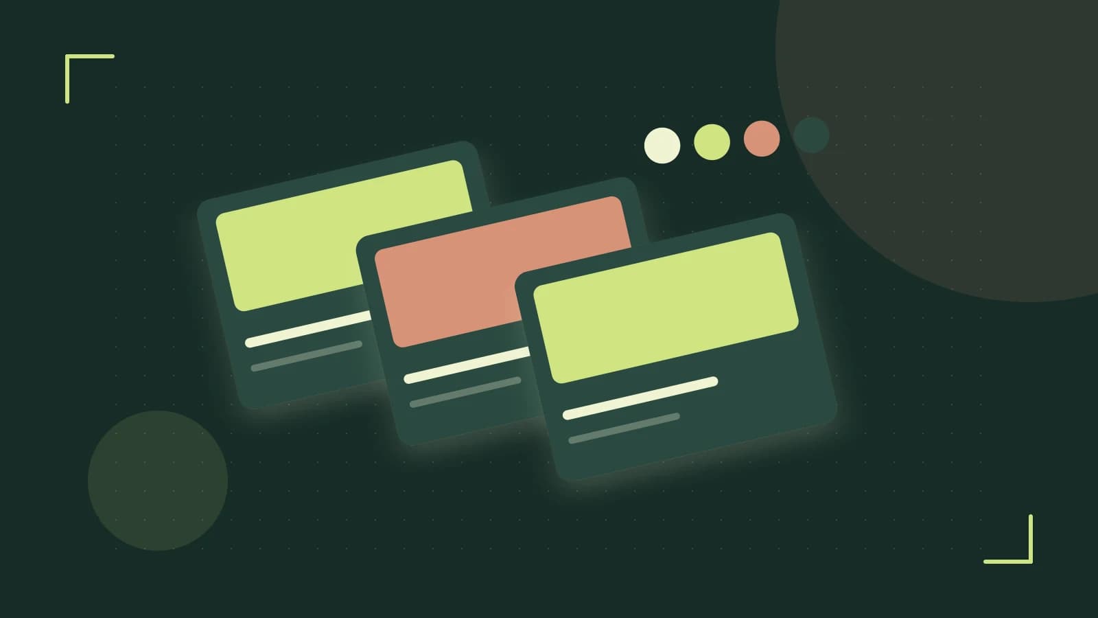 Editorial illustration of responsive browser layouts, overlapping design components and a color system