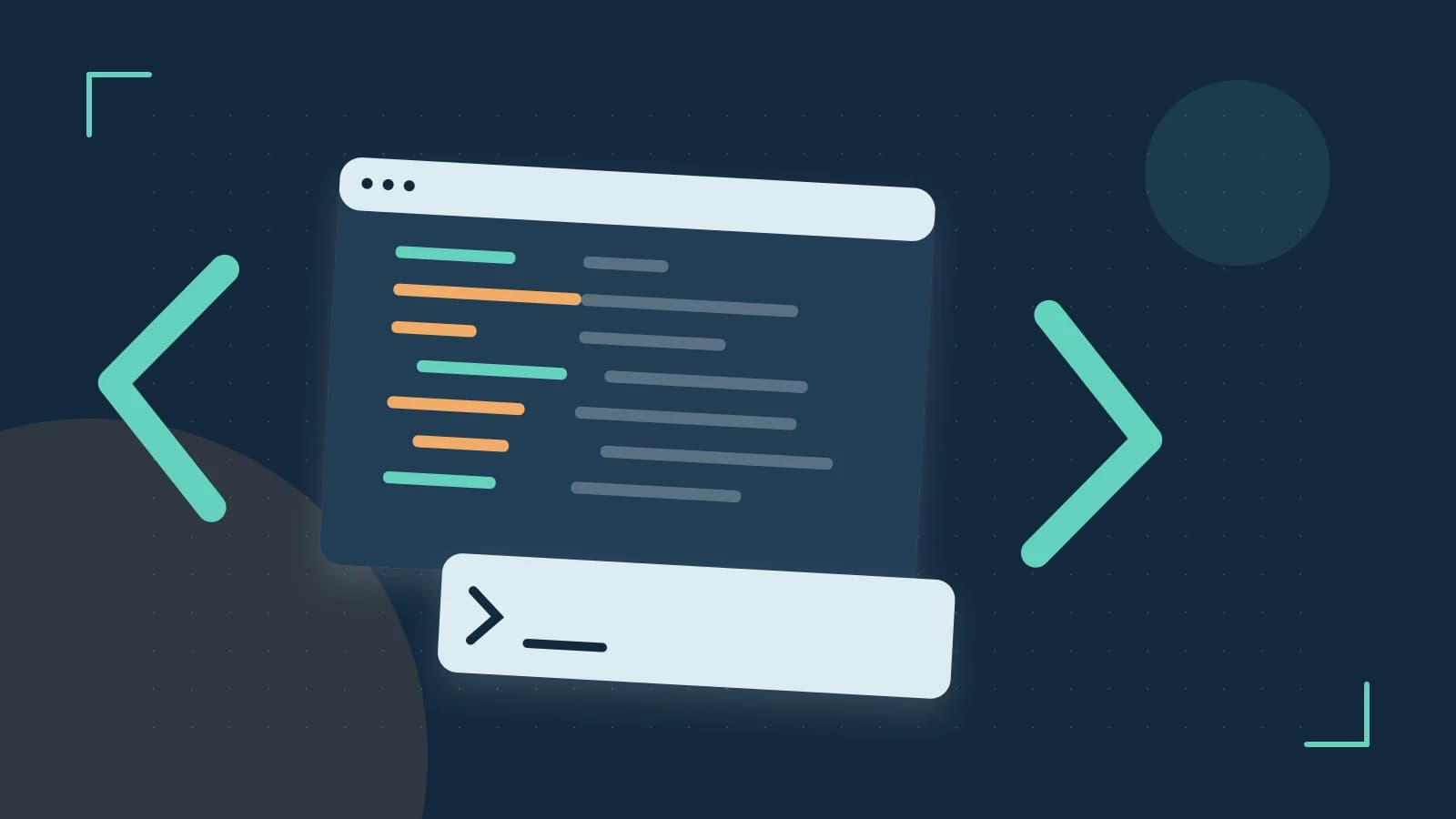 Editorial illustration of an abstract code editor, syntax blocks and oversized programming brackets