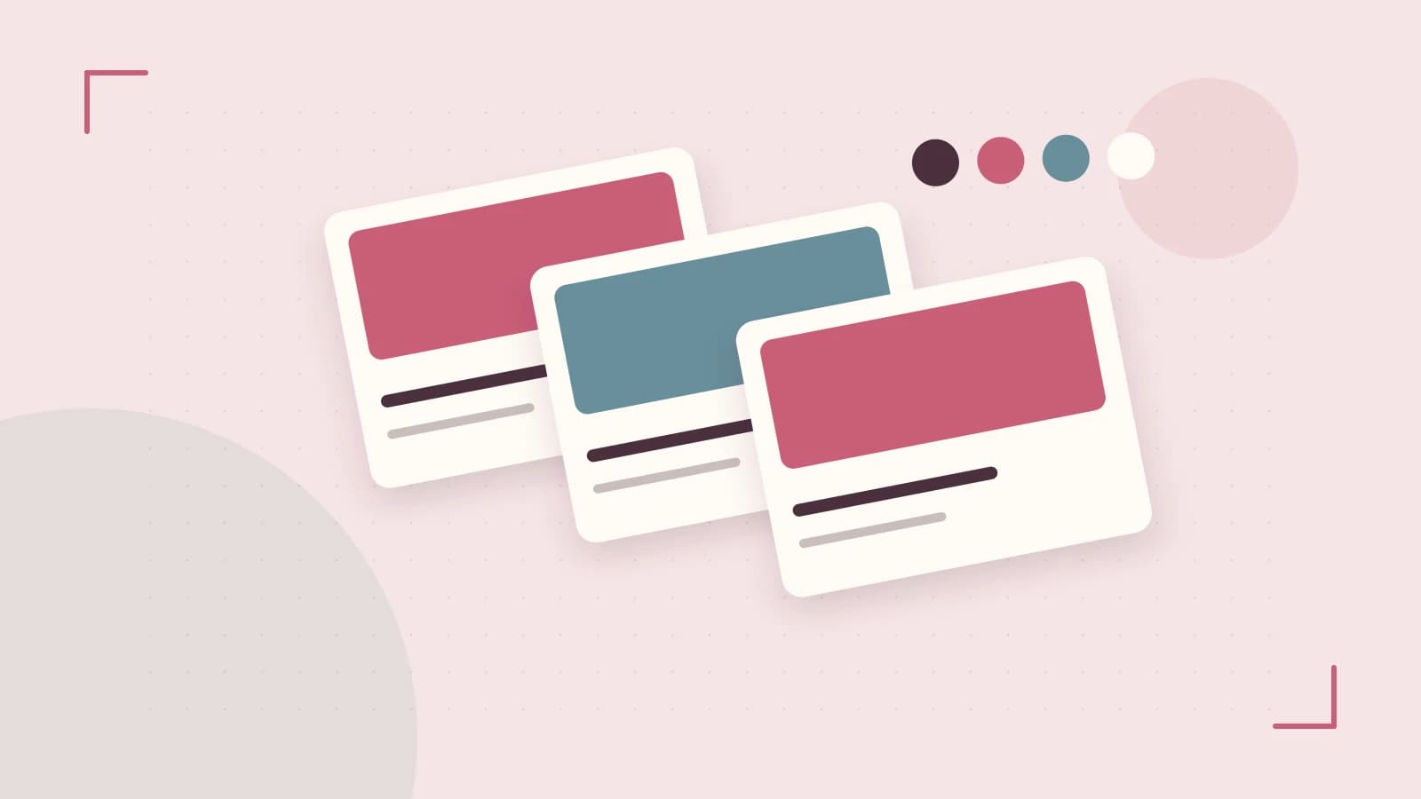 Editorial illustration of responsive browser layouts, overlapping design components and a color system