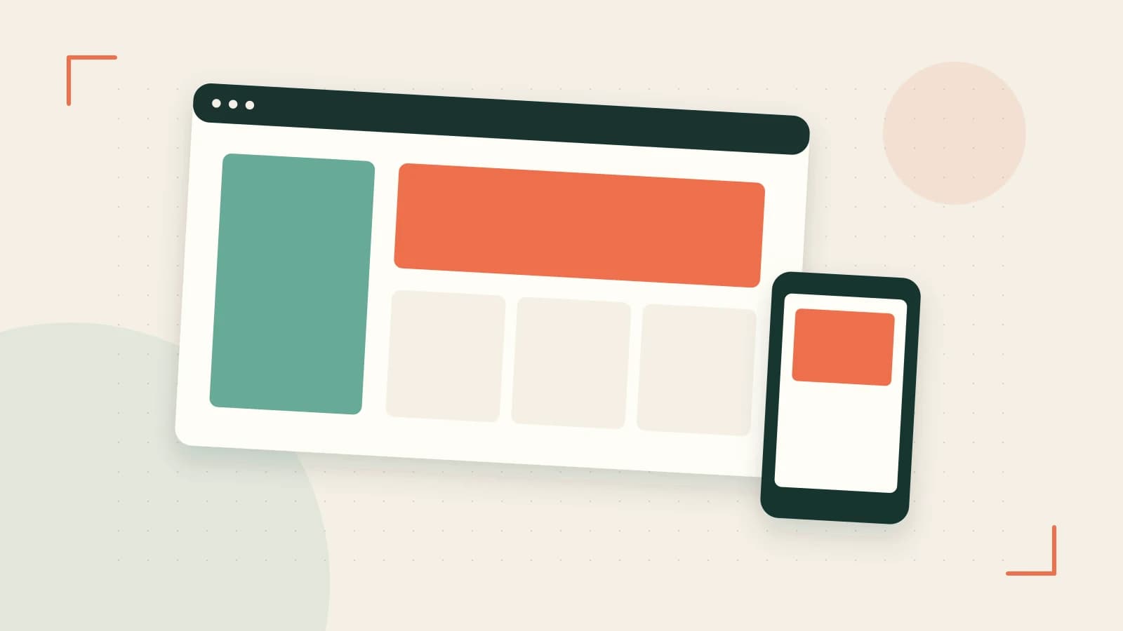 Editorial illustration of responsive browser layouts, overlapping design components and a color system