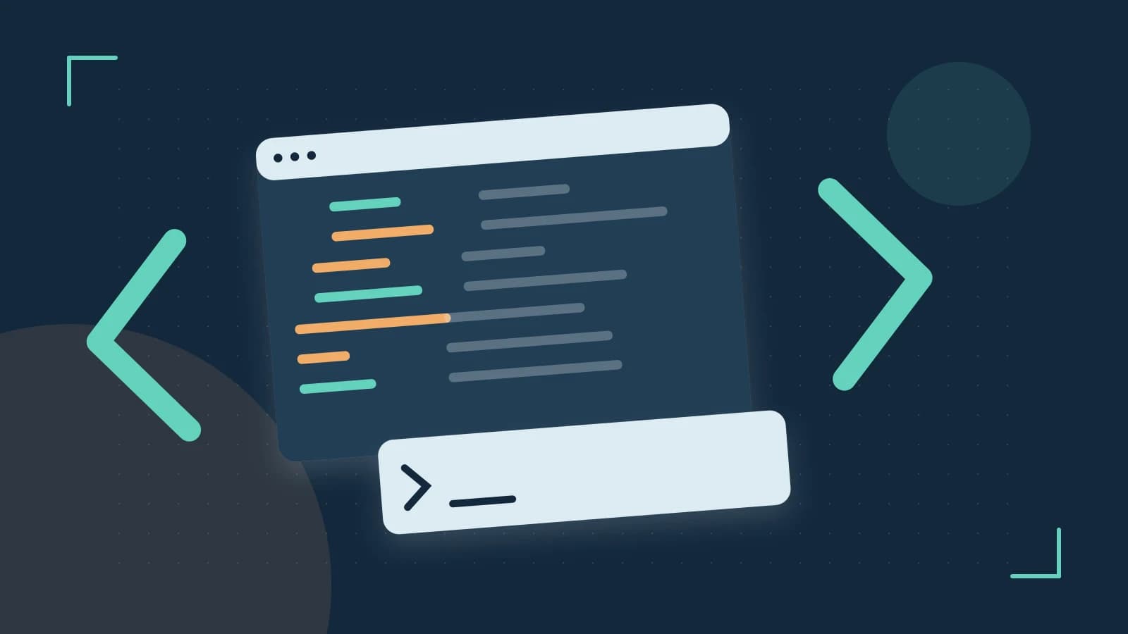 Editorial illustration of an abstract code editor, syntax blocks and oversized programming brackets