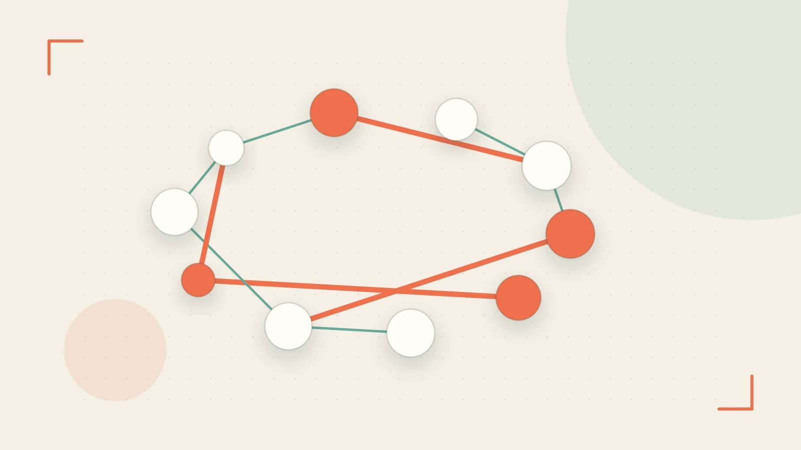 Editorial illustration of an algorithmic node graph with branching paths and a highlighted result