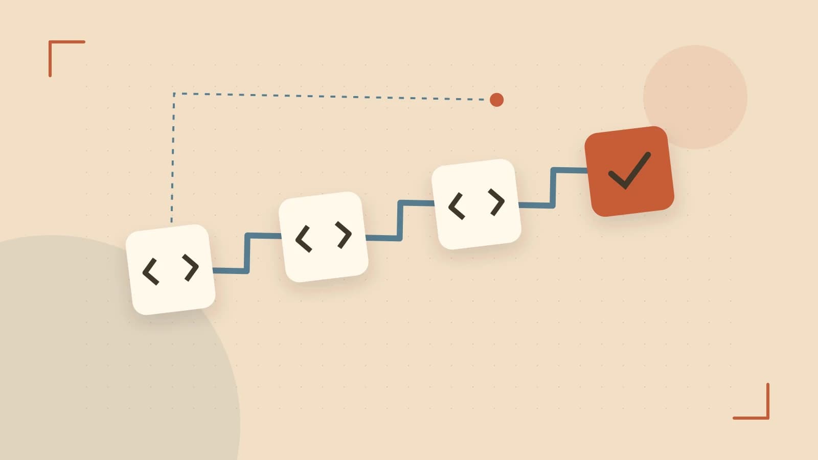 Editorial illustration of a branching build pipeline, staged transformations and a completed check