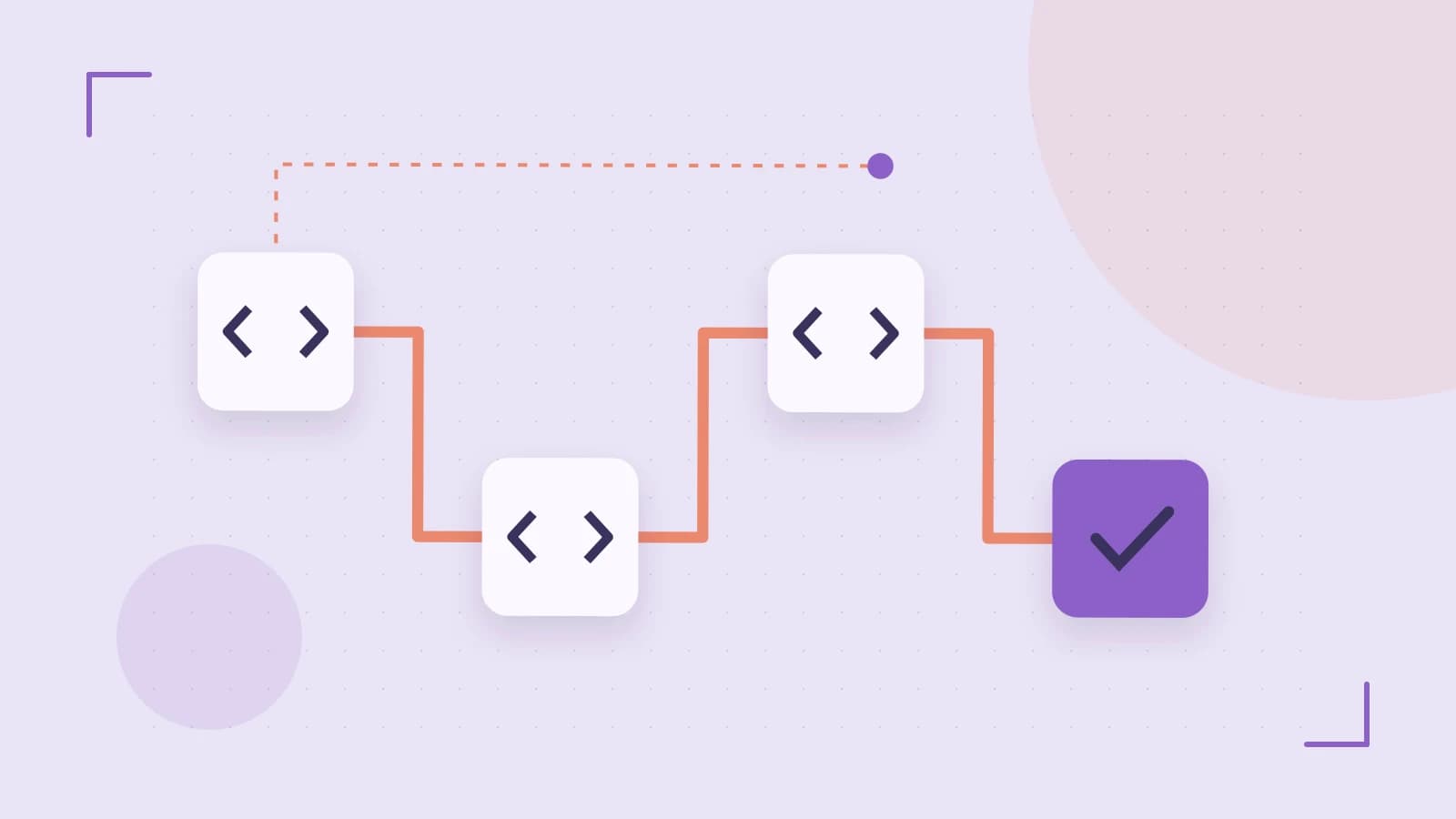 Editorial illustration of a branching build pipeline, staged transformations and a completed check
