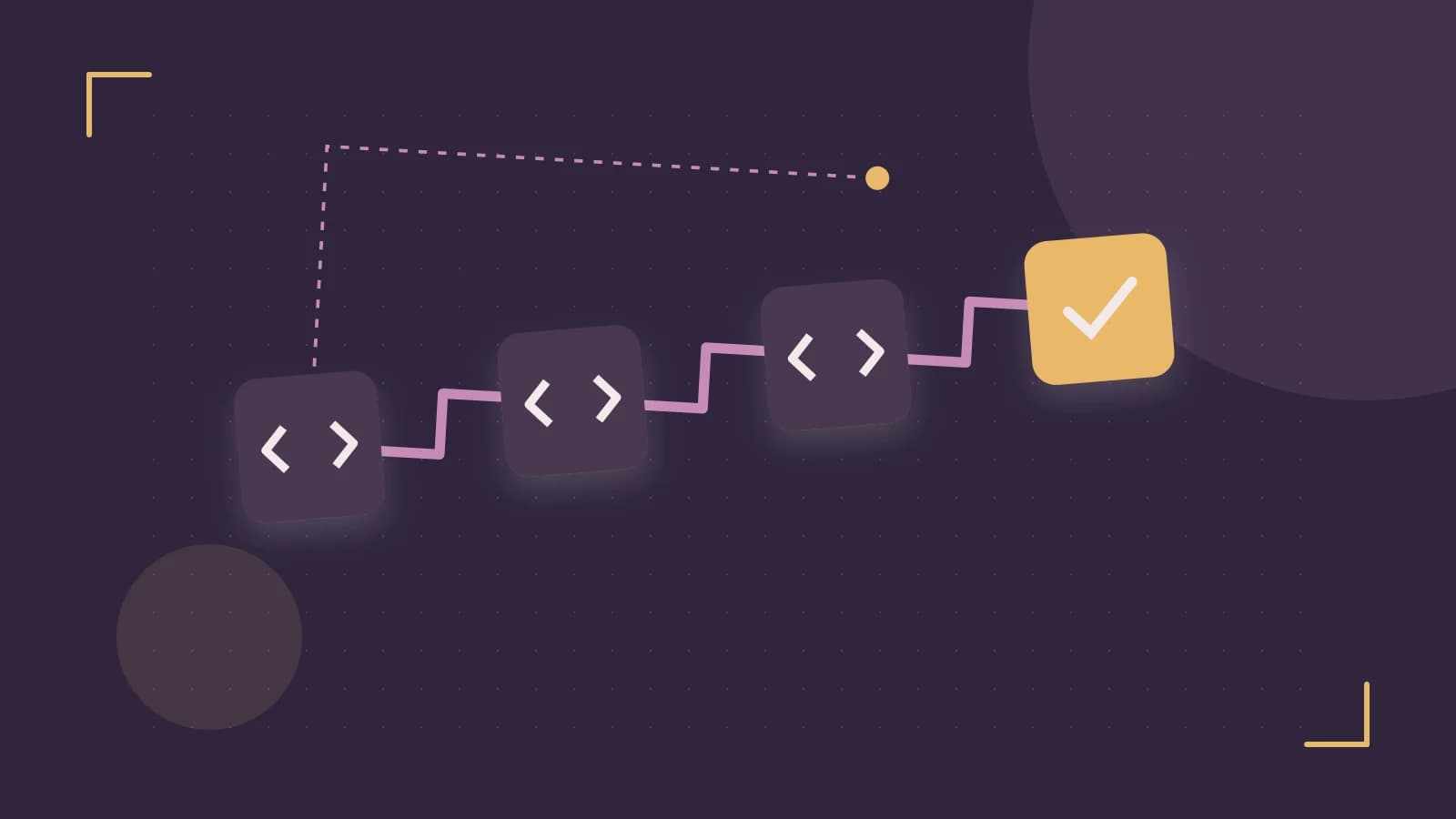 Editorial illustration of a branching build pipeline, staged transformations and a completed check