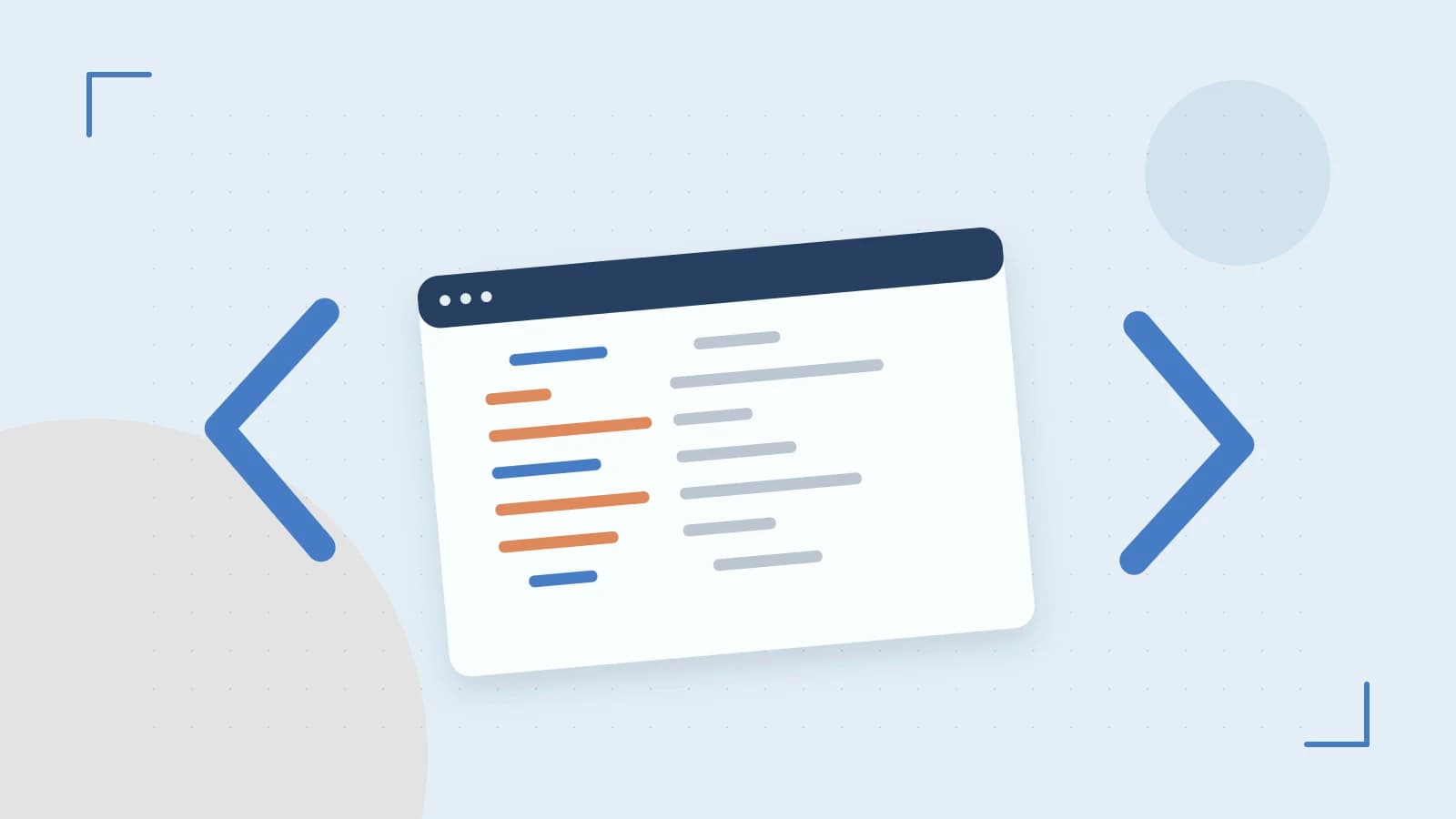 Editorial illustration of an abstract code editor, syntax blocks and oversized programming brackets