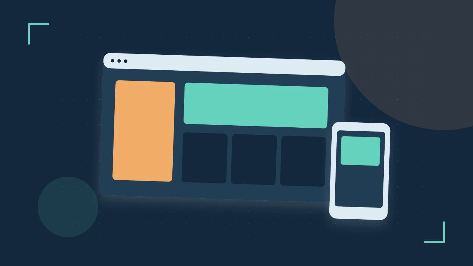 Editorial illustration of responsive browser layouts, overlapping design components and a color system