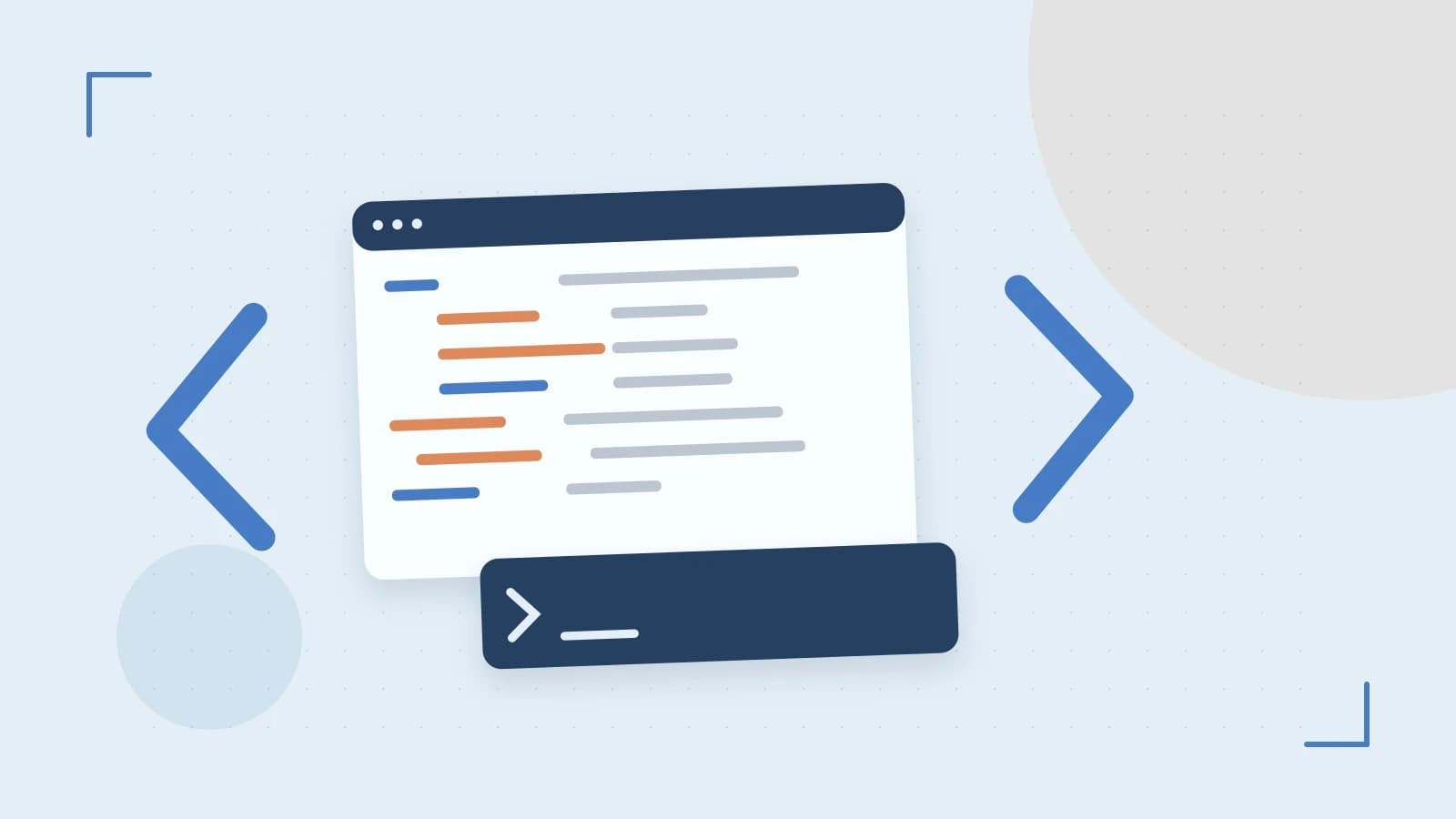 Editorial illustration of an abstract code editor, syntax blocks and oversized programming brackets
