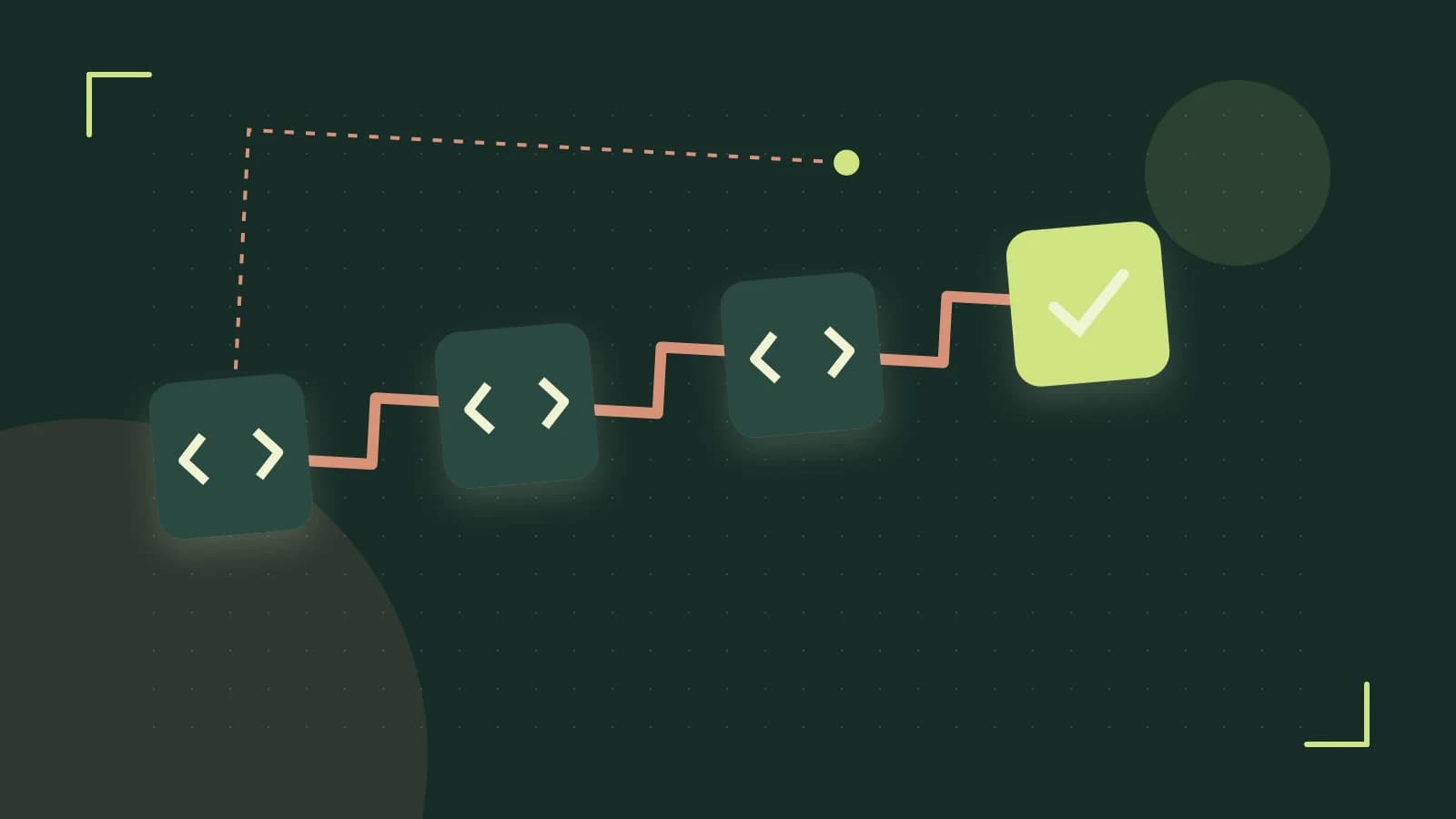 Editorial illustration of a branching build pipeline, staged transformations and a completed check
