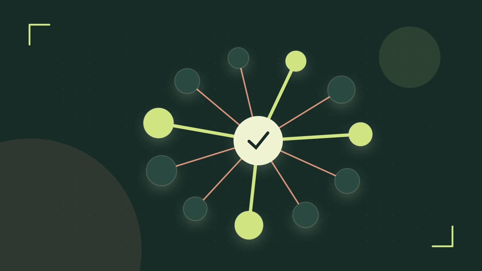 Editorial illustration of an algorithmic node graph with branching paths and a highlighted result