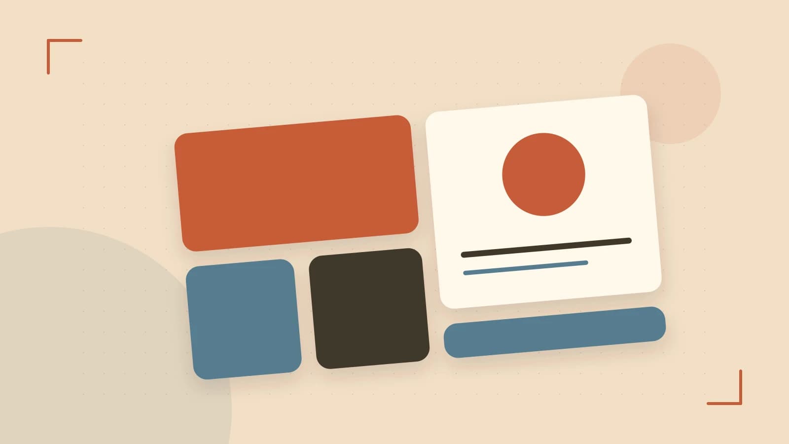 Editorial illustration of responsive browser layouts, overlapping design components and a color system