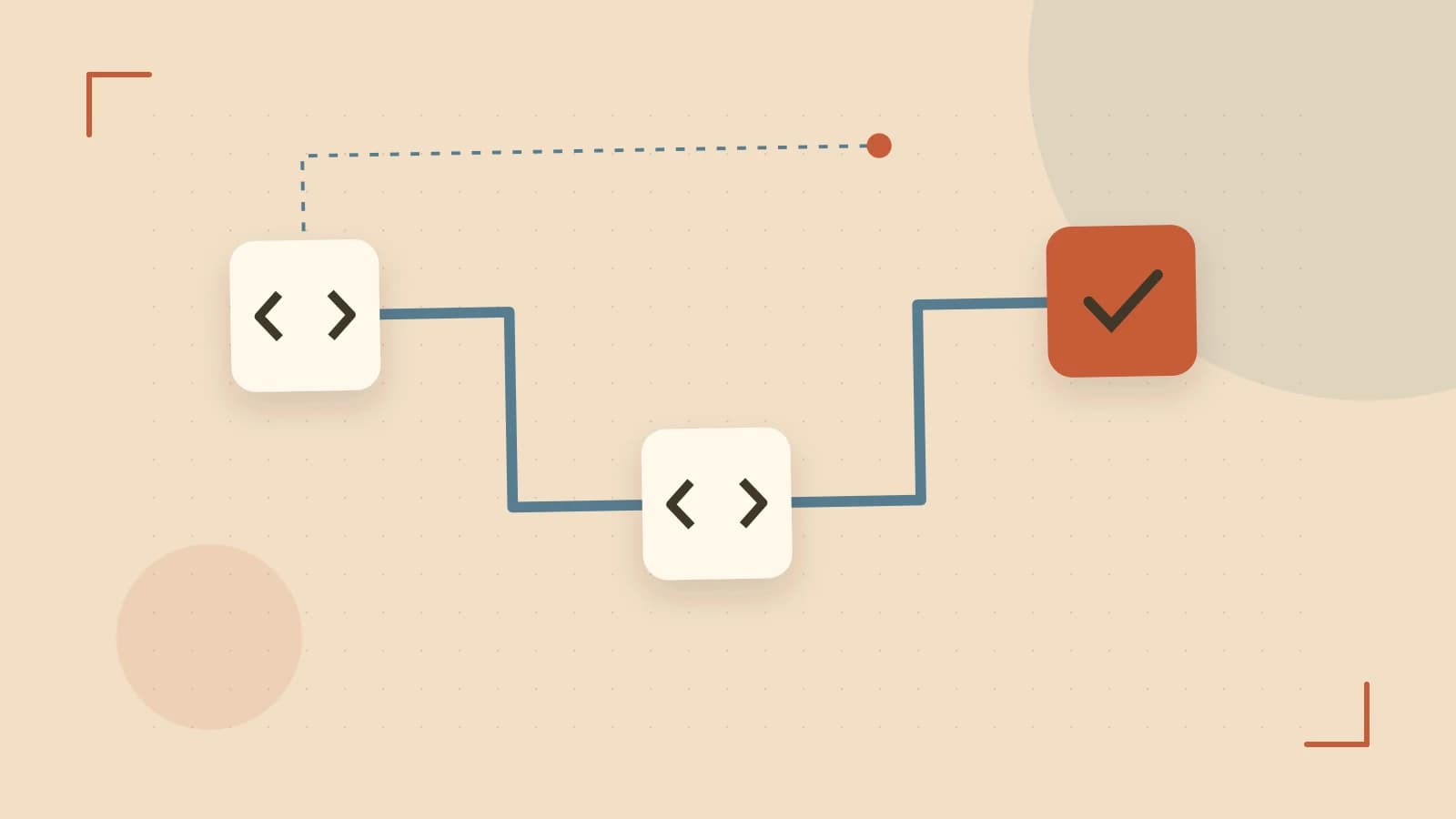 Editorial illustration of a branching build pipeline, staged transformations and a completed check