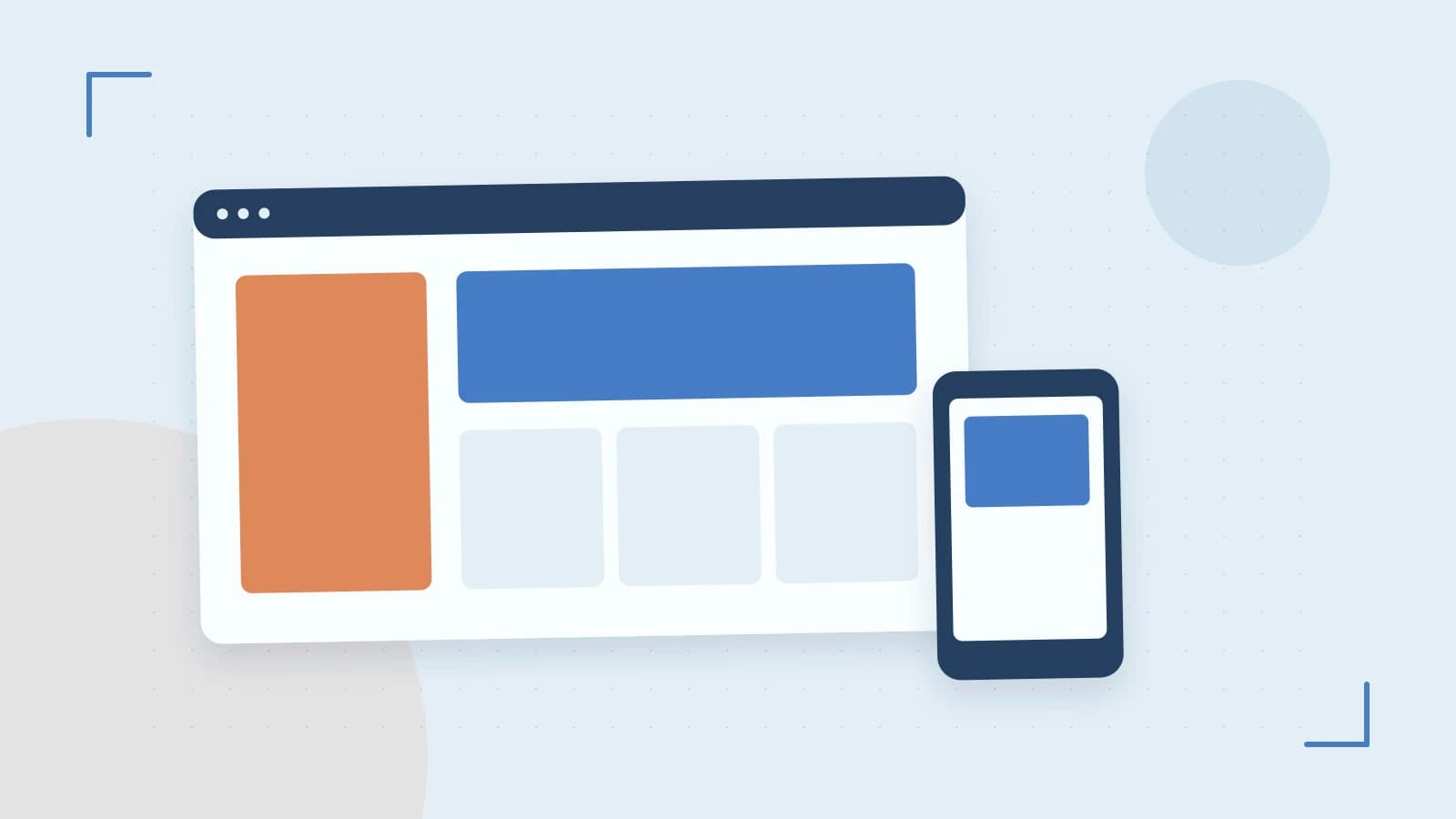 Editorial illustration of responsive browser layouts, overlapping design components and a color system