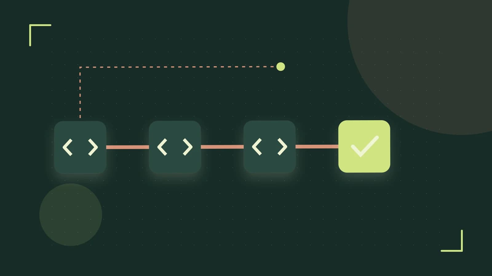 Editorial illustration of a branching build pipeline, staged transformations and a completed check