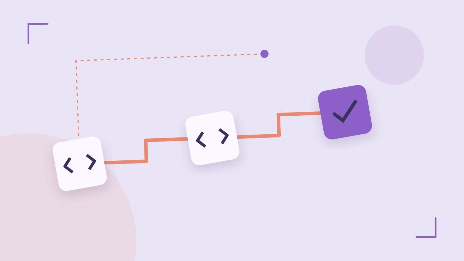 Editorial illustration of a branching build pipeline, staged transformations and a completed check