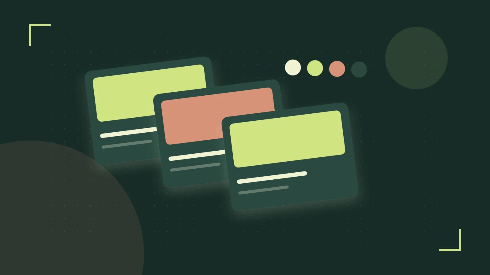 Editorial illustration of responsive browser layouts, overlapping design components and a color system