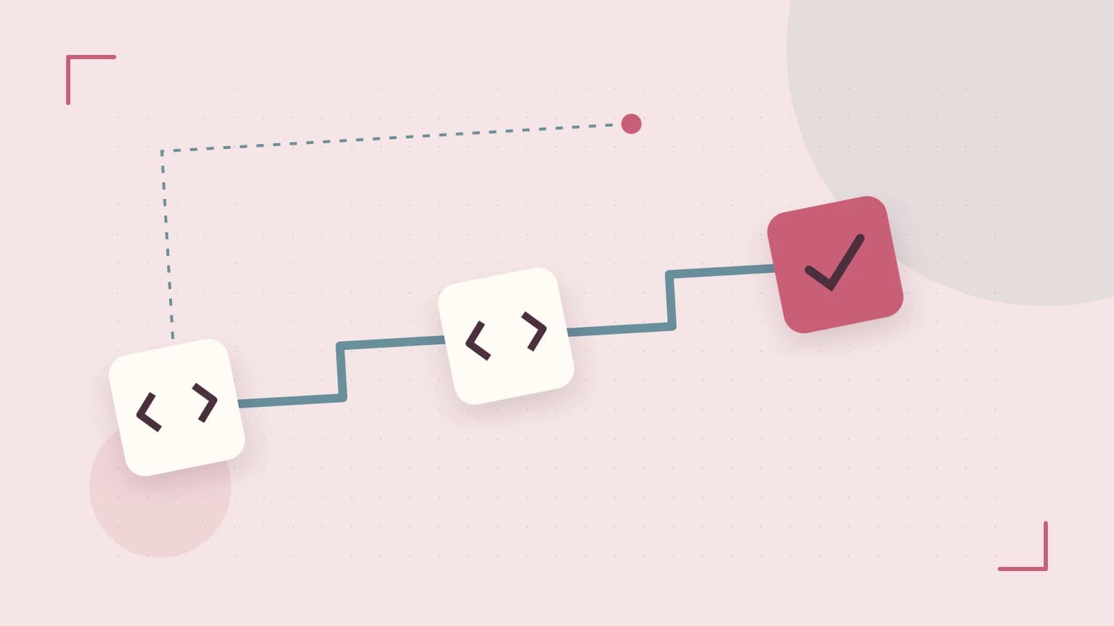 Editorial illustration of a branching build pipeline, staged transformations and a completed check