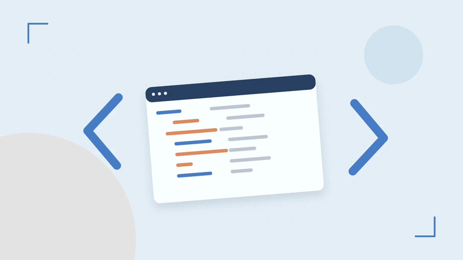 Editorial illustration of an abstract code editor, syntax blocks and oversized programming brackets