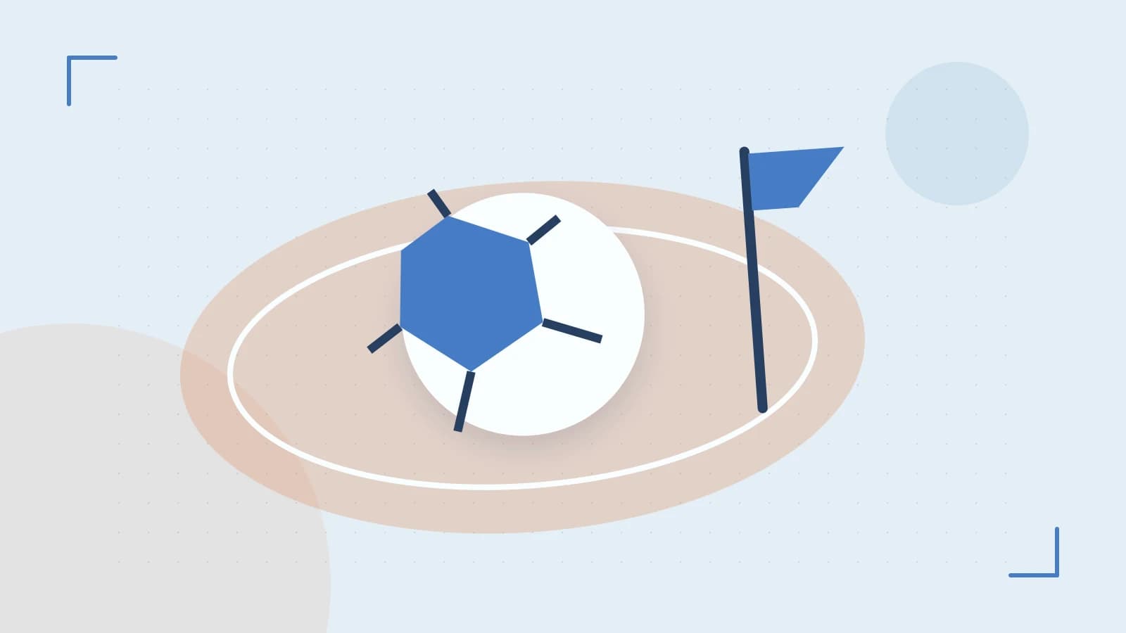 Editorial illustration of a stylized sports ball, stadium geometry and dynamic arcs