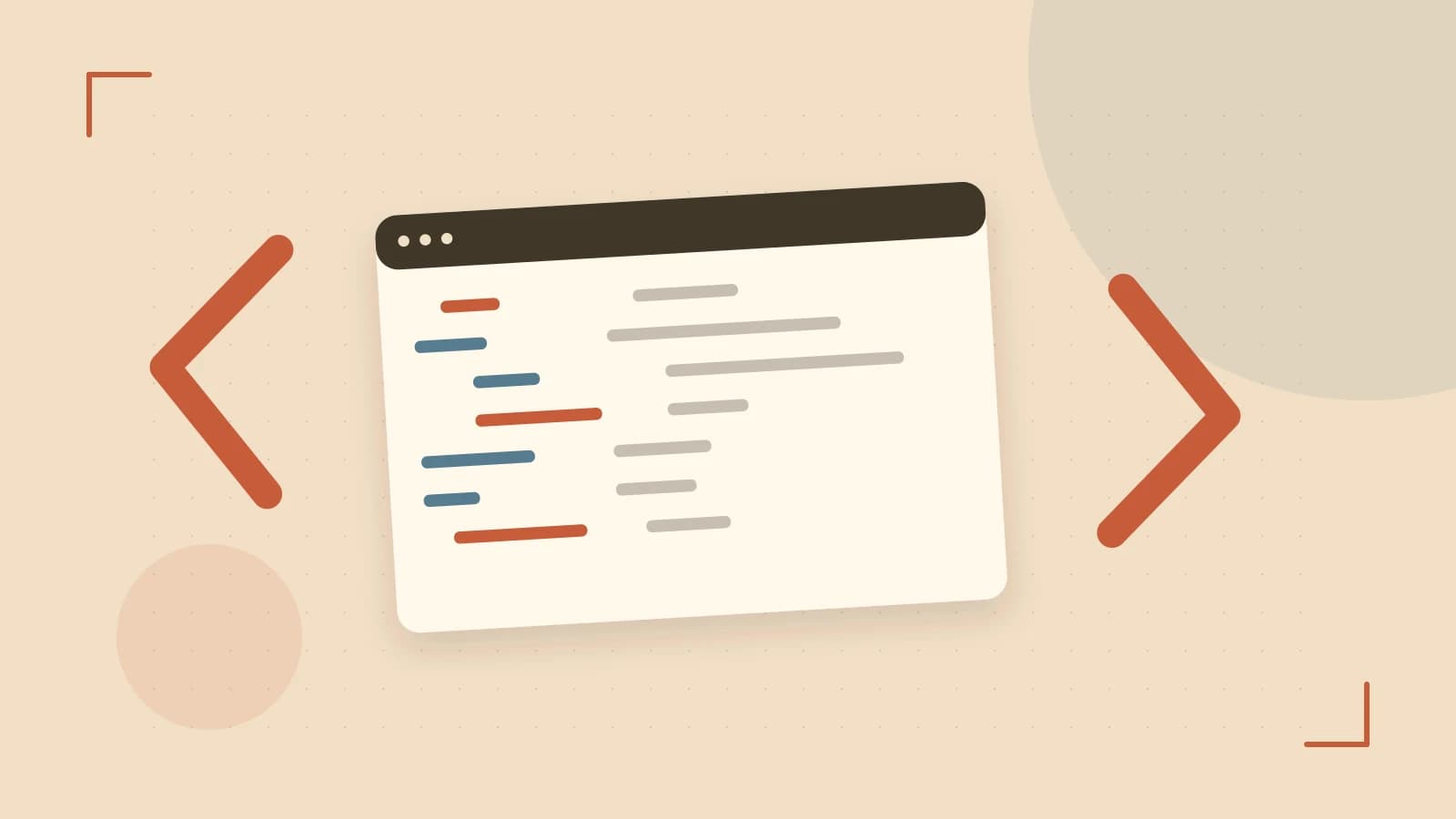 Editorial illustration of an abstract code editor, syntax blocks and oversized programming brackets