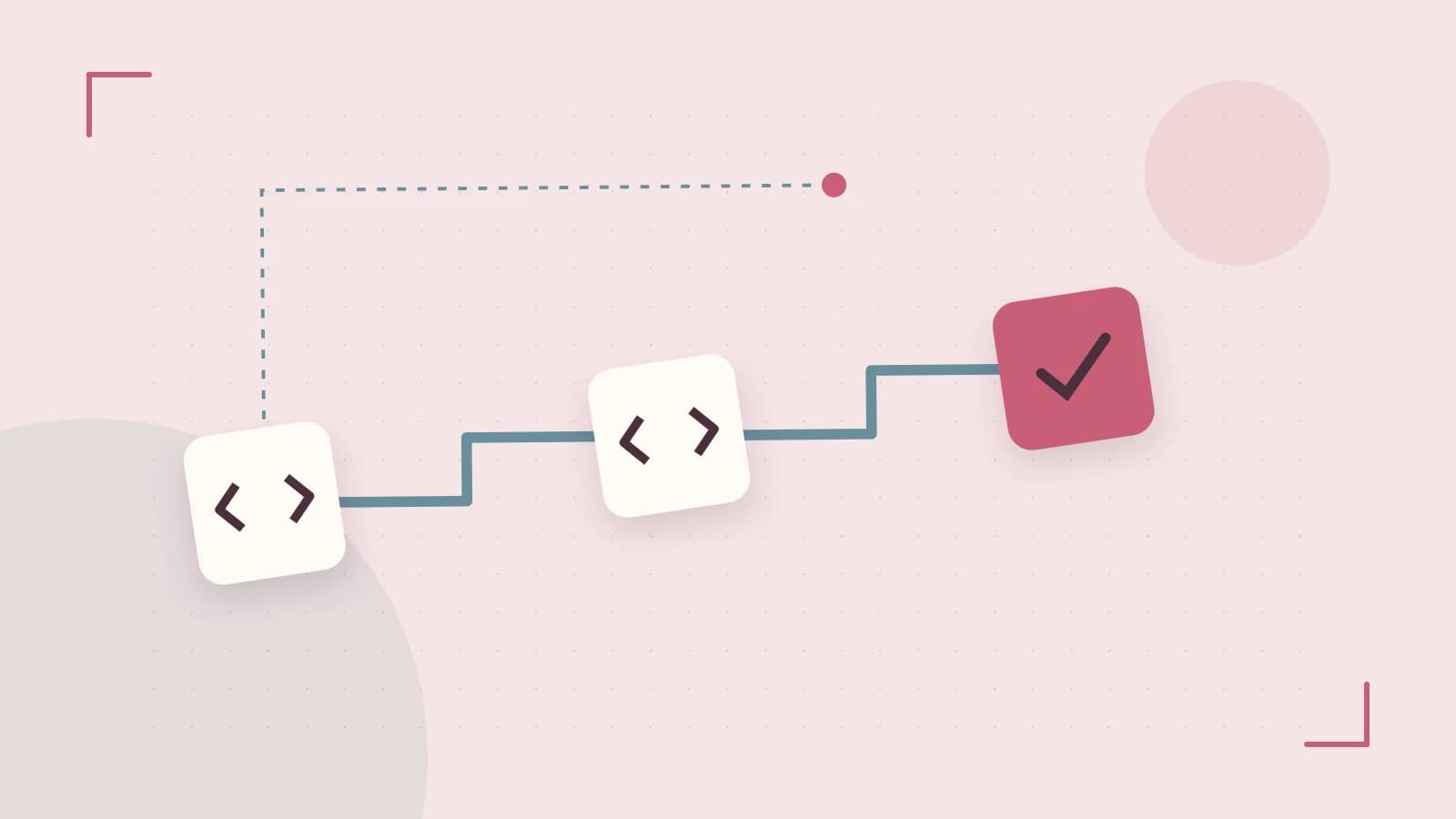 Editorial illustration of a branching build pipeline, staged transformations and a completed check