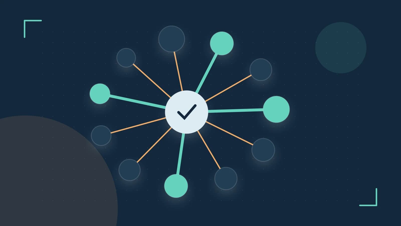 Editorial illustration of an algorithmic node graph with branching paths and a highlighted result